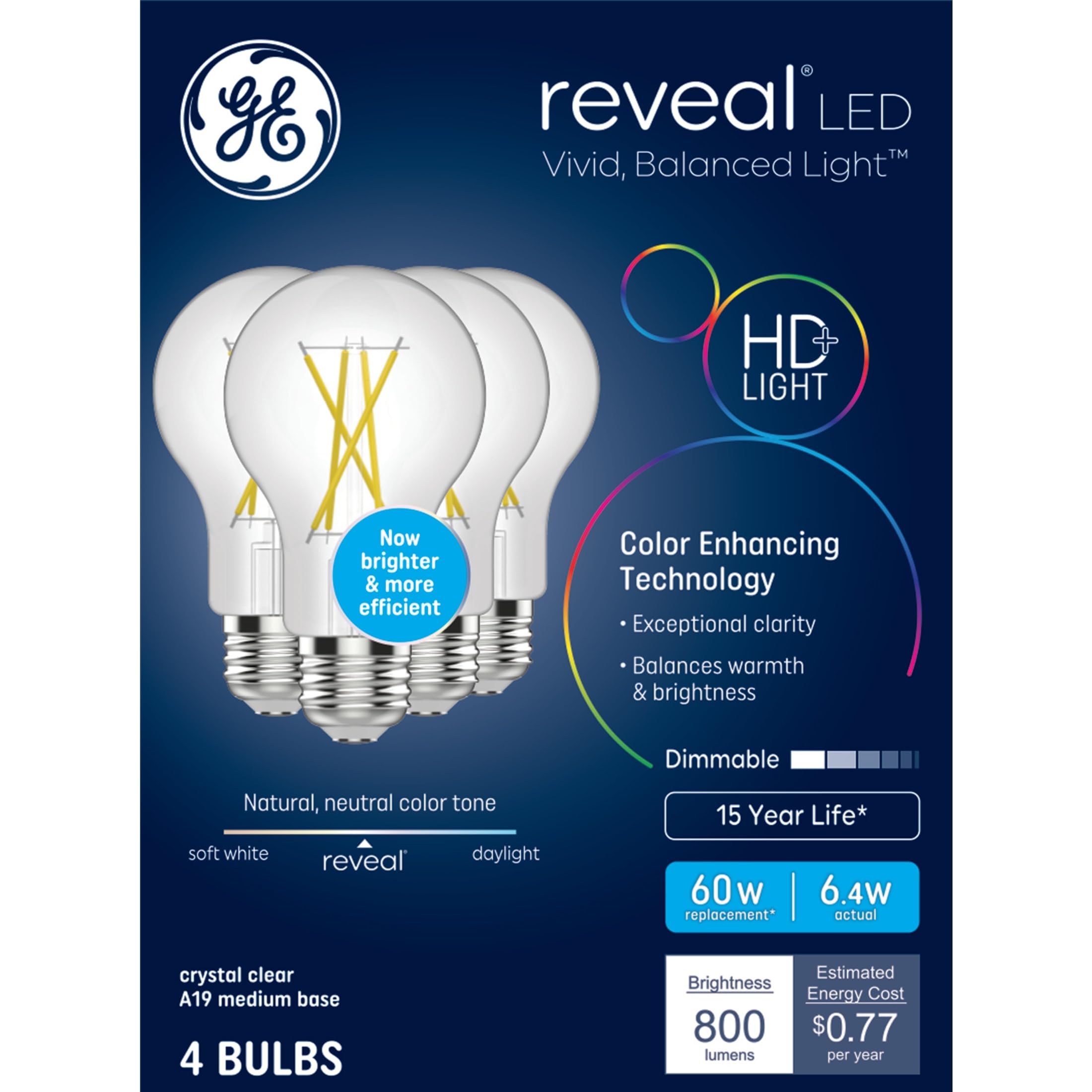 GE Reveal HD LED Light Bulbs 60 Watt A19 Bulbs 4 Pack