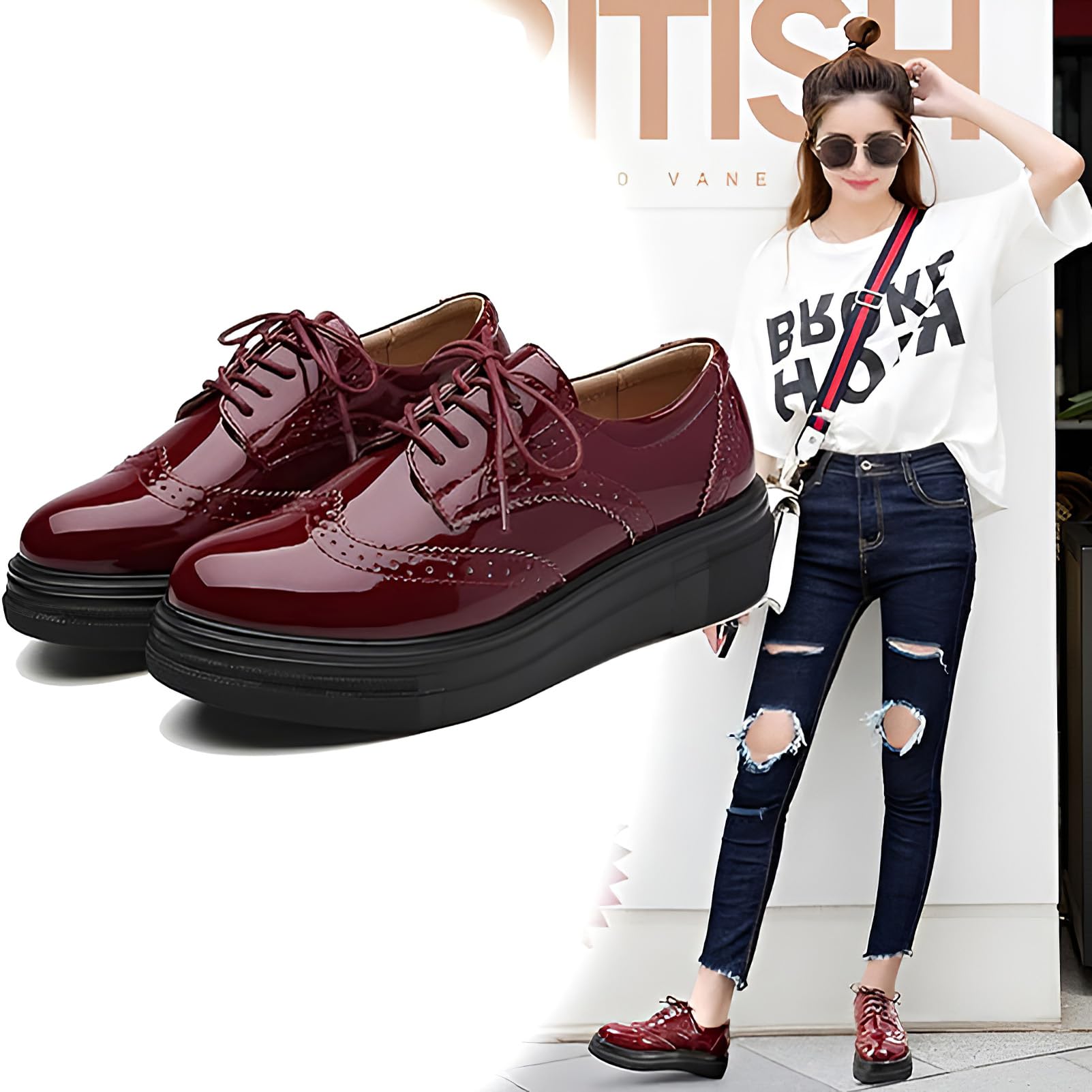 ANUFER Mujeres Elegante con Cordones Brogues Plataforma Piel Sintética de Charol Casual Zapatillas Deportivas