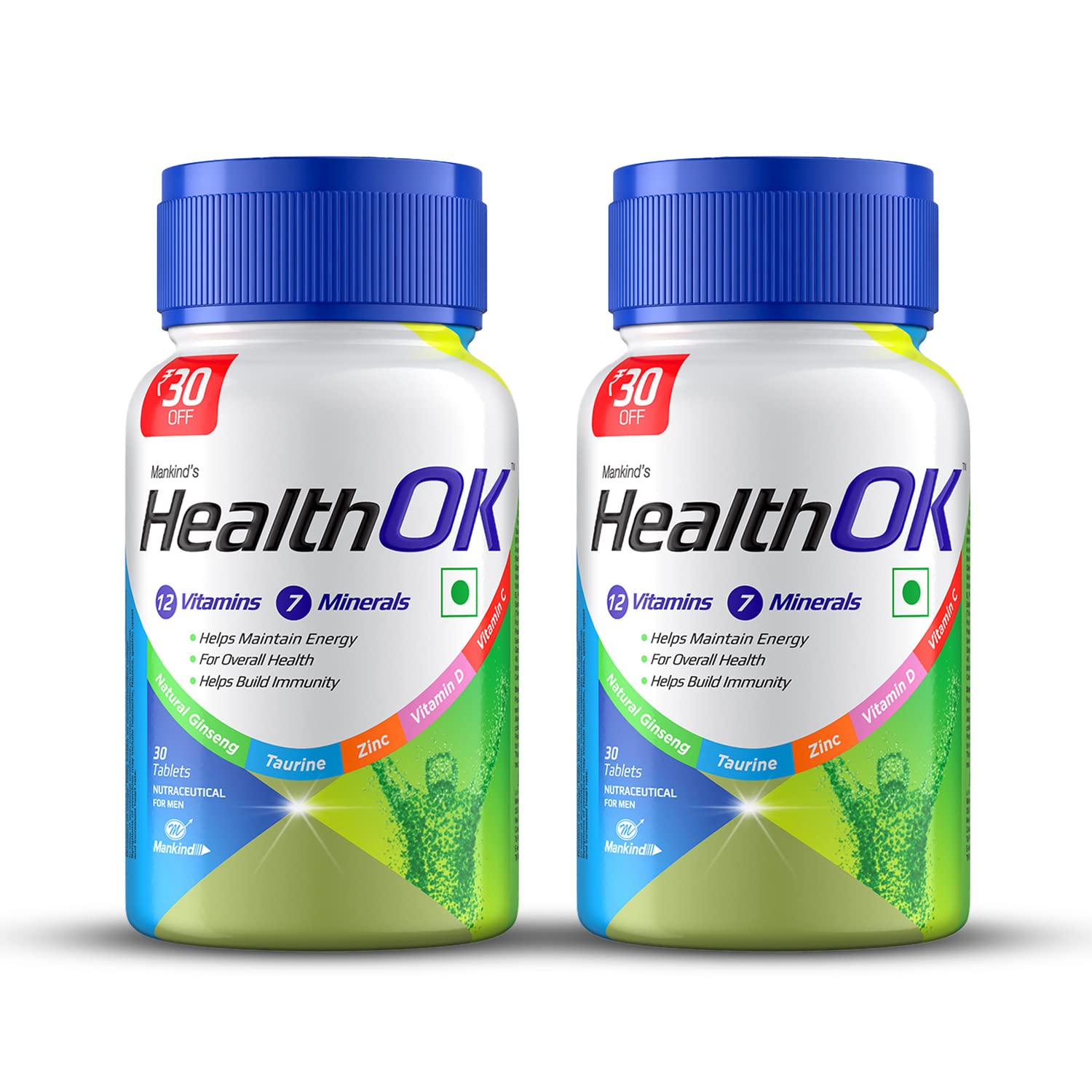 Mankinds Health OK Health Ok Multivitamin With Natural Ginseng, Taurine Power, Vitamin D, C & Other 18 Multivitamins Minerals, For Overall Health, 30 Tablets (Veg) X Pack Of 2 (B0D1XM9D5D) Amazon Price History, Amazon Price Tracker