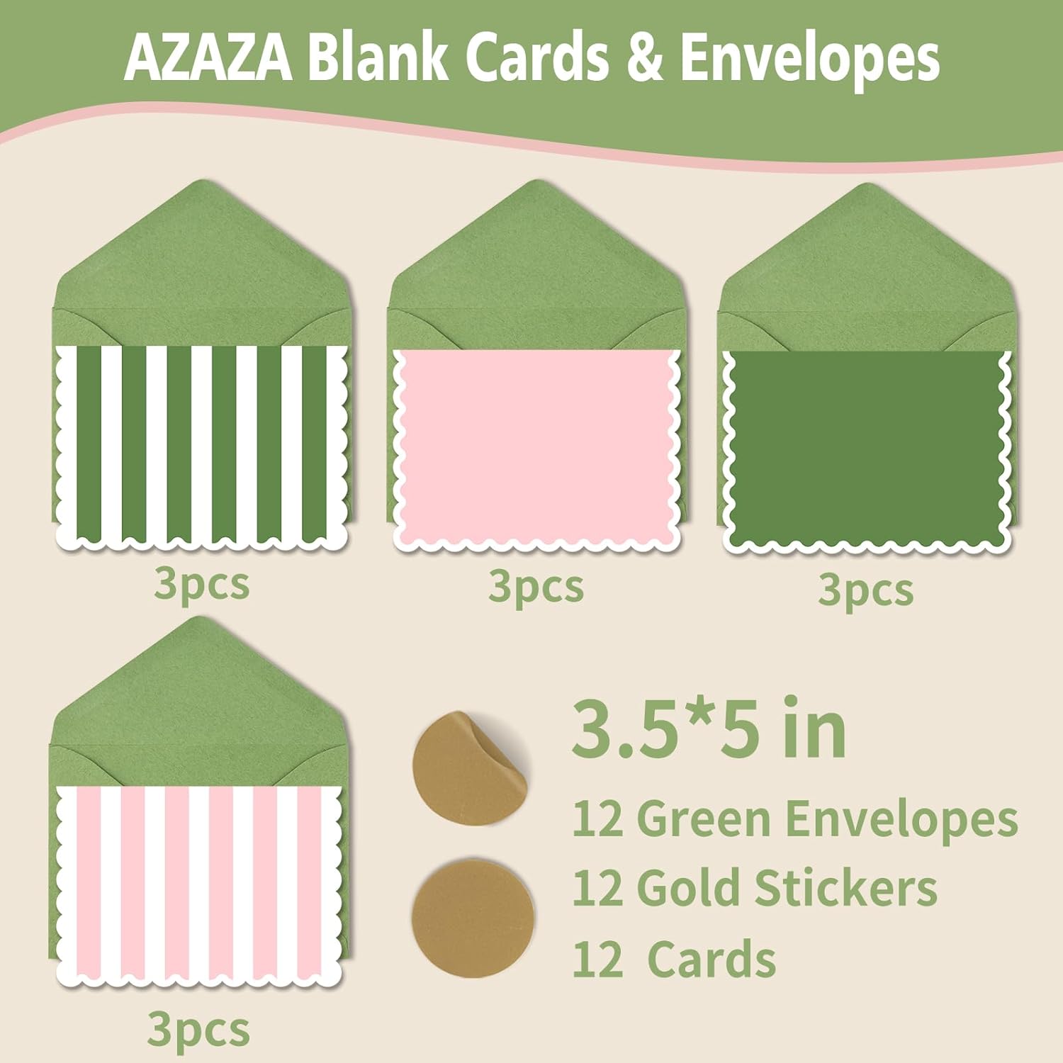 AZAZA Blank Cards and Envelopes 12 Pack Baby Shower Thank You Cards, 3.5x5 Mini Striped Greeting Cards with Envelopes for Small Business, Wedding, Bridal shower (Pink and Green) - Image 4