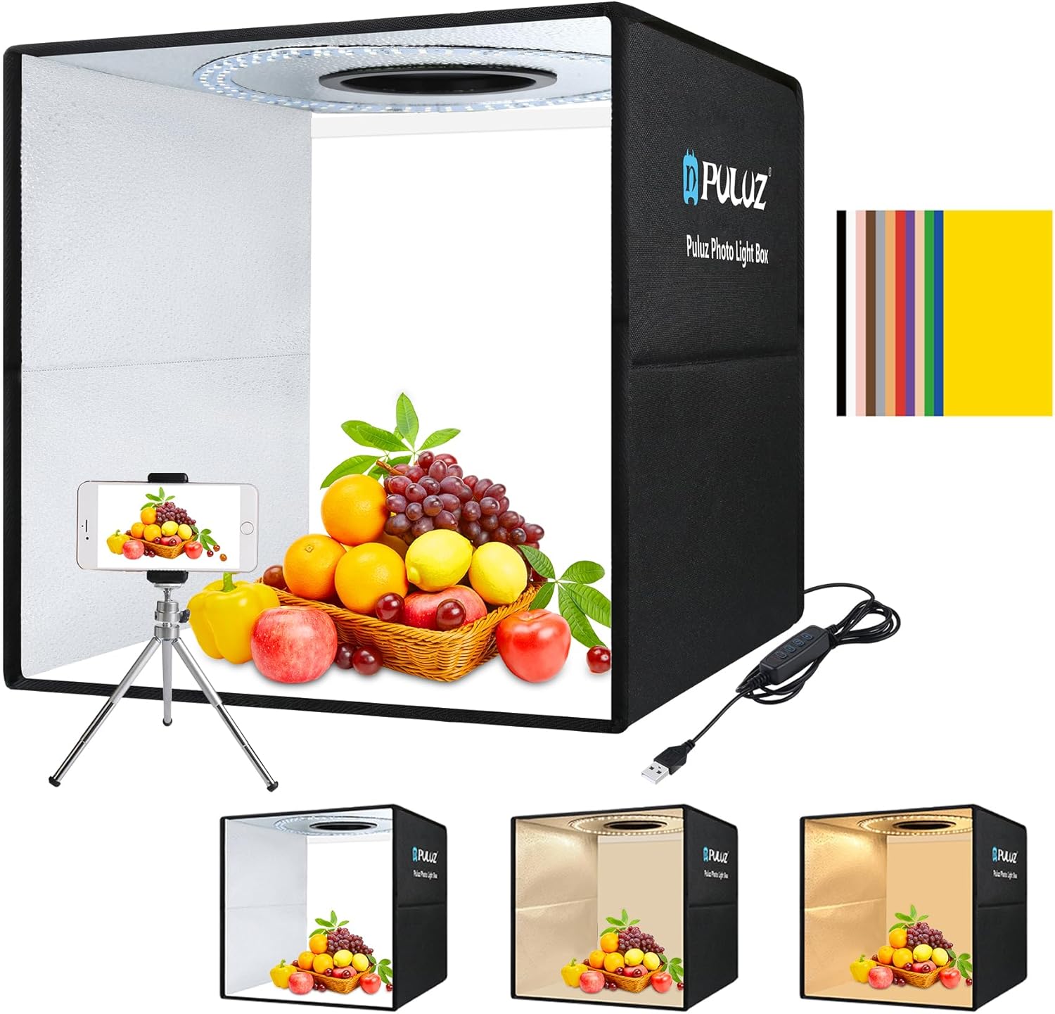 PULUZ Photo Light Box, 16" x 16" Professional Foldable Portable Studio Photography, Tri-Color Dimmable Light Shooting Tent Box with 12 Colors Backdrops & 144 LED Lights