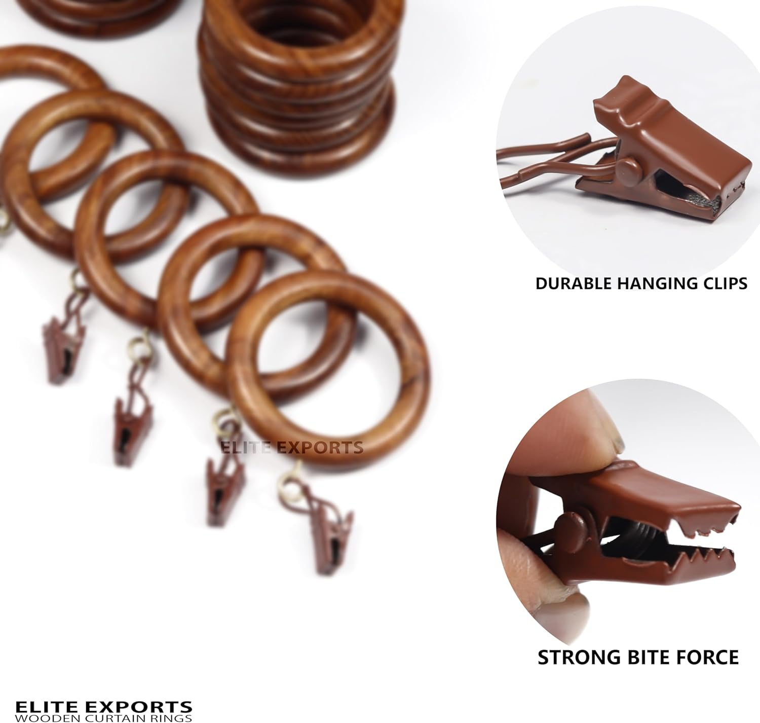 50 Pcs Curtain Rings with Clips Wooden, 2 inch for 1-1.5 inch Rod, Window Shower Curtain Hooks, Wood Curtain Rod Wood Curtain Rings with Eyelet, Drapery Rings, (50, 1.25 INCH Inner Dia)