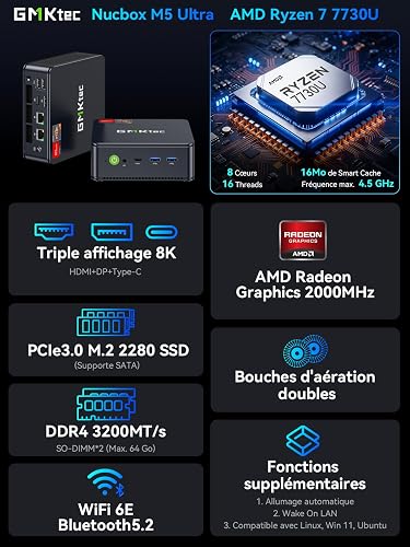 GMKtec M5 Ultra Mini PC Ryzen 7 7730U(8C/16T, jusqu'à 4,5 GHz), 16 Go RAM 512Go SSD Mini Ordinateur de Bureau, Double LAN 2.5GbE, Affichage Triple 4K, WiFi 6E, USB-C, BT 5.2, DP, HDMI 2.0 - 3