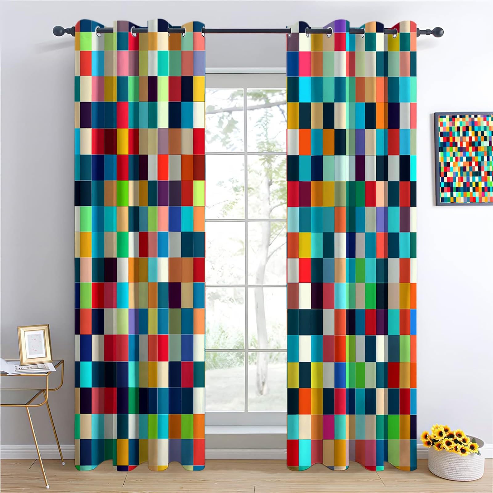 Kolorowe zasłony zaciemniające z przelotkami, motyw geometryczny, mozaika, kolorowe bloki, nadruk, izolacja termiczna, zasłony okienne, do salonu, sypialni, zasłony okienne, 2 panele, szer. 168 cm x