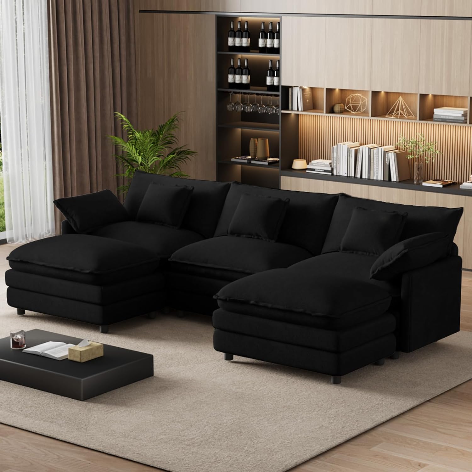 114" U Shaped Cloud Couch Sectionals Oversized Sectional Couches for Living Room Modular Couch, Large Velvet Cloud Sofa with Movable Ottoman, Black