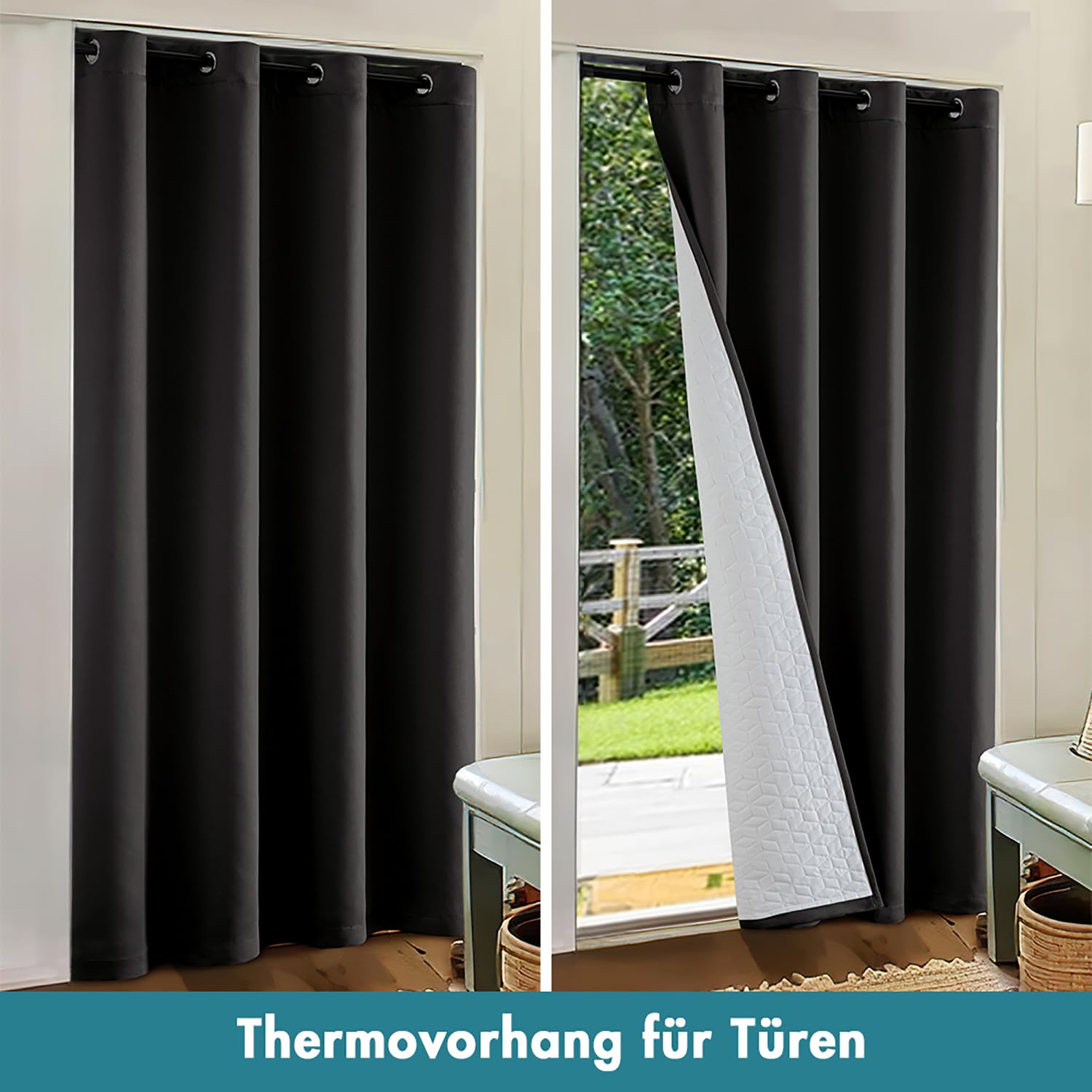 MIULEE Thermovorhang Kälteschutz mit Gestepptem Futter, Schwarz Doppellagige Thermo Vorhang Gegen Kälte Haustür Tür Innen Winter Kälteschutzvorhang, Blickdicht Türvorhang Kälteschutz Wärmevorhang