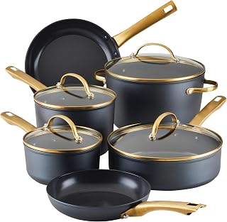 Farberware Forged Induction Ceramic Nonstick 12-Piece Cookware Set with Lids & Tools - Black Gold, Dishwasher Safe, All Stovetops