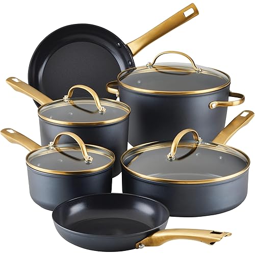 Farberware Forged Induction Ceramic Nonstick Pots and Pans Set with Lids and Kitchen Cooking Tools - Dishwasher Safe, Suitable for All Stovetops, 12 Piece Cookware Set - Black and Gold