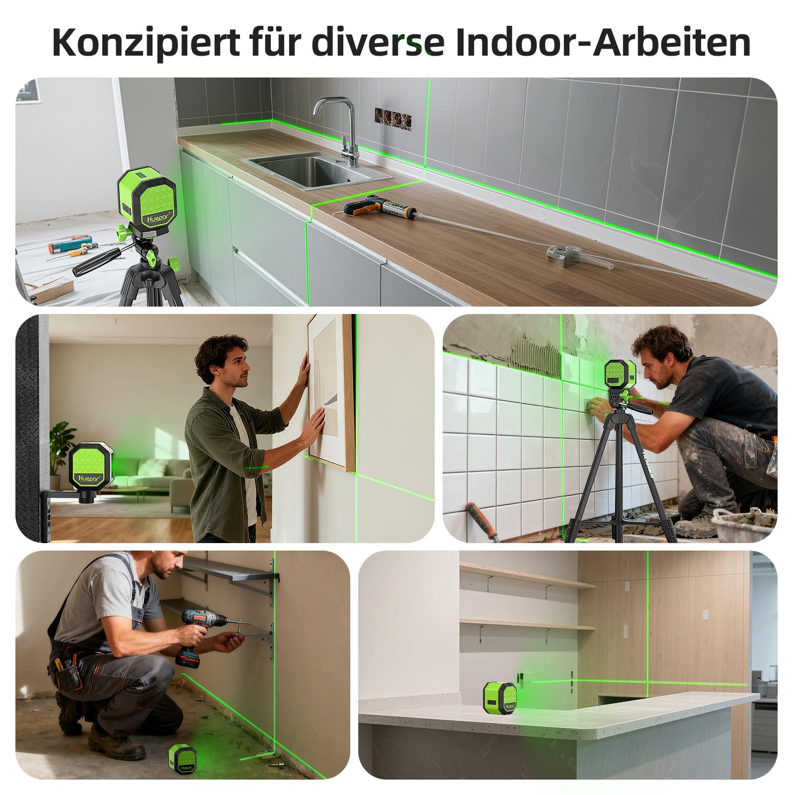 Huepar Nivel láser de línea cruzada de haz verde, herramienta de nivelación láser vertical y horizontal autonivelante con batería de litio para colgar cuadros y pintar en la pared Indoor Projects