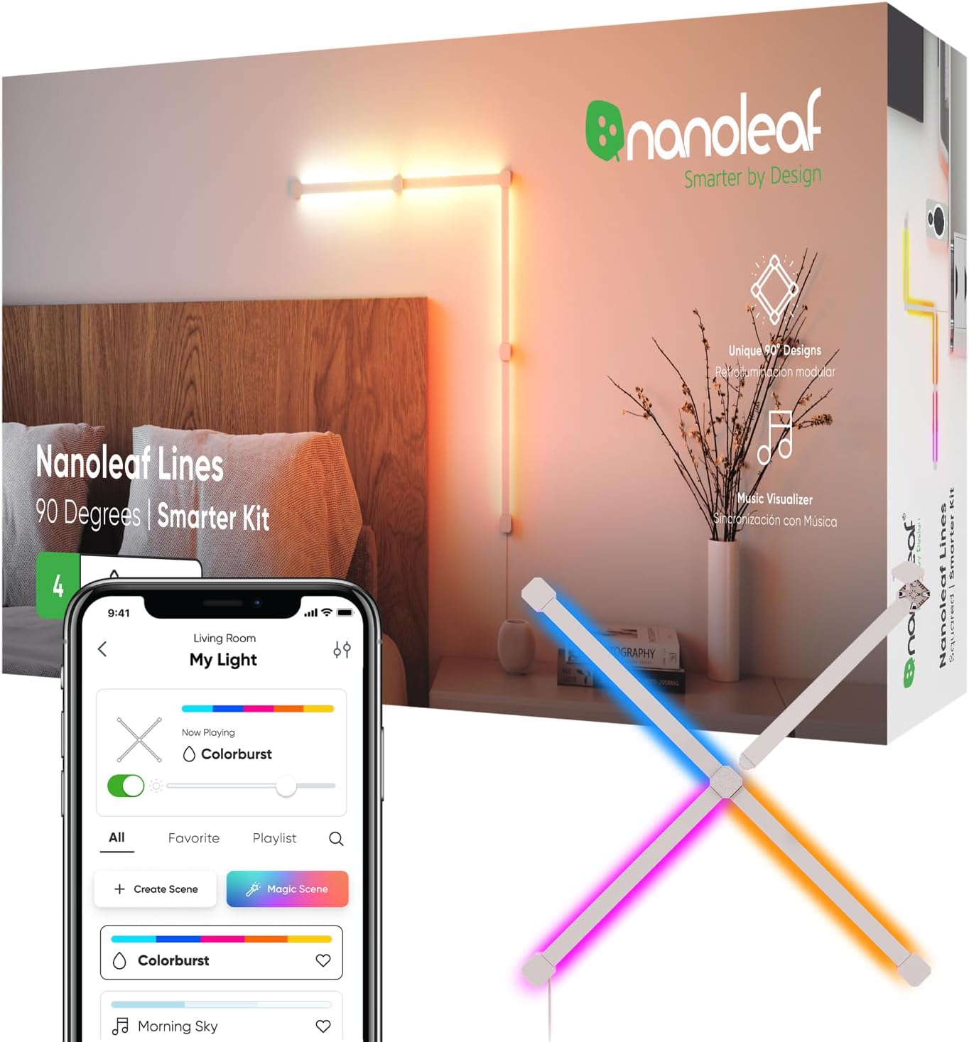 Lines WiFi Smart RGBW 16M+ Color LED Dimmable Gaming and Home Decor Wall Lights 90 Degree Smarter Kit (4 Lines)