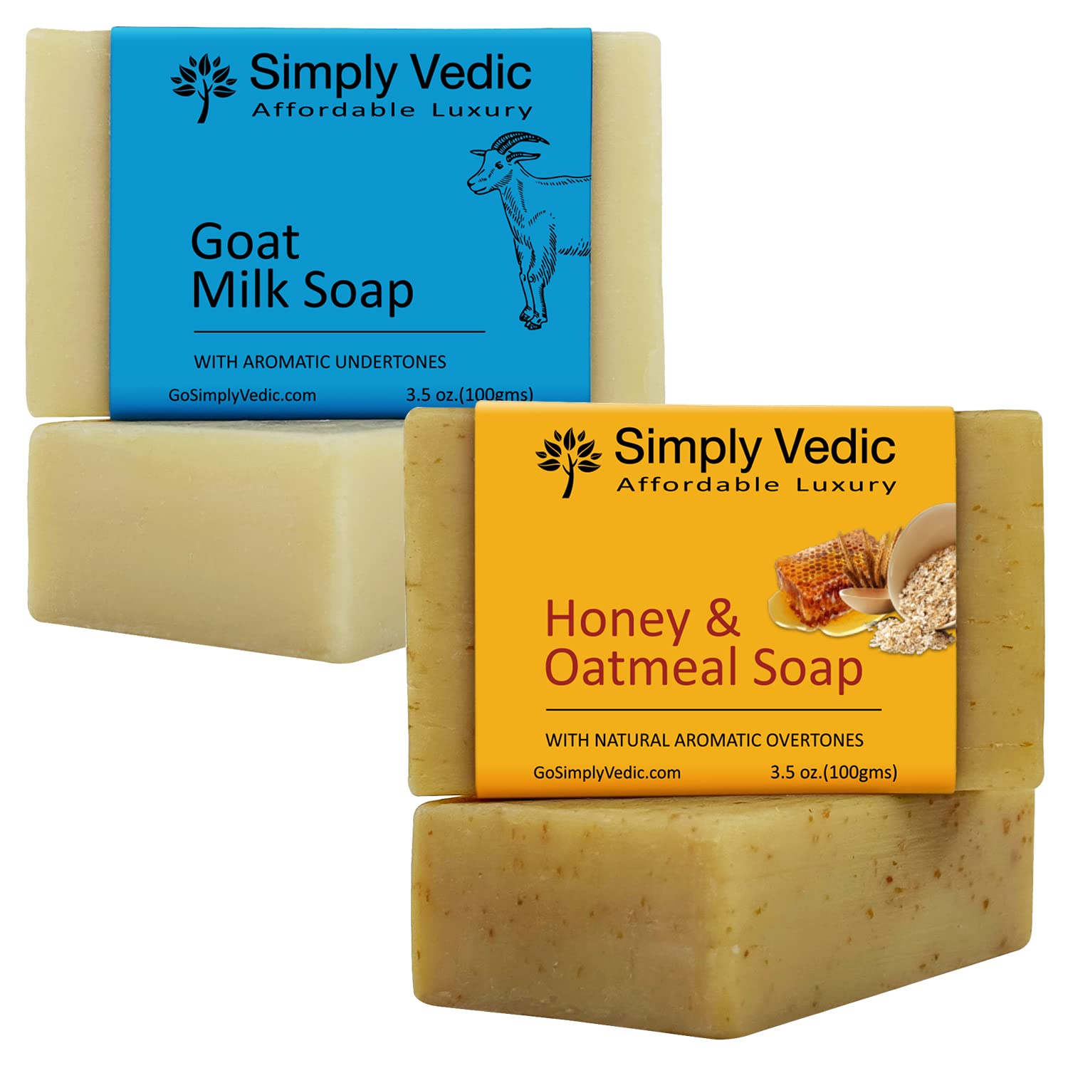 Simply Vedic Pack of 2 Herbal Soap Bar Collection For Body, Hand, Face; Oatmeal Honey(1), Goat Milk(1).Cold Pressed with Coconut Oil, Handmade. Gift Set for Men & Women (3.5 Oz. X 2)