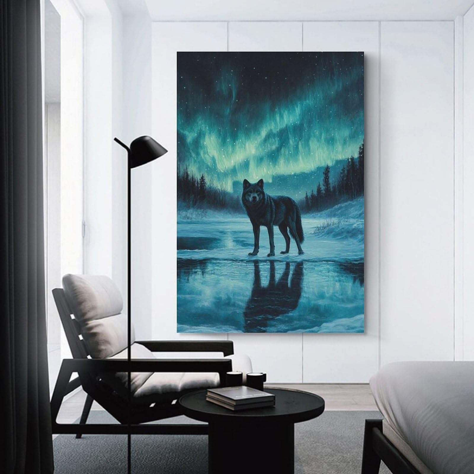 Junmoney Unframe-Style-23 Wolf Under Aurora Borealis Wall Decor Canvas Print, 24X36inch(60X90cm), For New Home Styling, Lounge Or Bedroom, Stylish Wall Art For Fresh Spaces