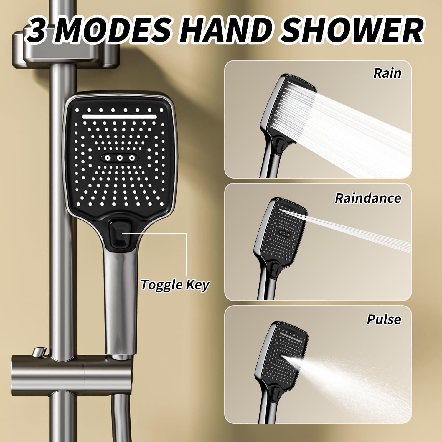 Colonne de douche avec Mitigeur, système de douche avec douche à effet de pluie 30x20cm, douchette à main,bec de baignoire caché,hauteur réglable, et pistolet d'arrosage pour la salle de bain