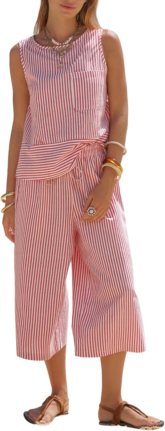 EXLURA Womens Summer 100% Cotton 2 Piece Outfits Striped Sleeveless Top Capri Wide Leg Pants Sets Faux Linen Beach Vacation