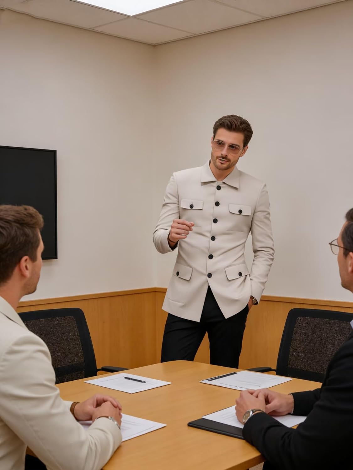 Mens Safari Suit Blazer Slim Fit Smart Casual Jacket Multi-Pocket Blazer for Office Party Men Sport Coats Fashion