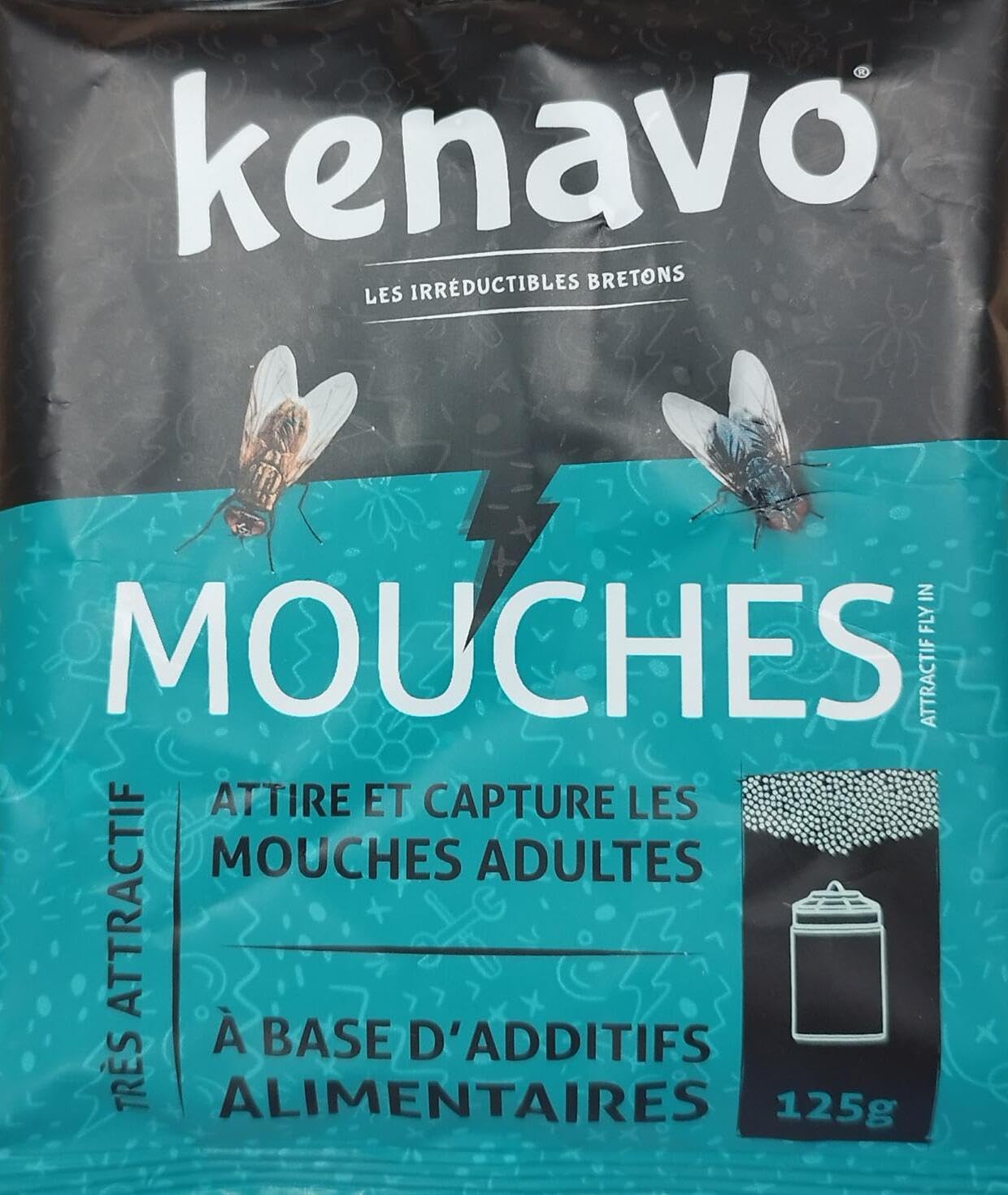 Attractif Mouches 125g KENAVO | Sachet de 4 doses pour piège à Mouches extérieur | Formule Ultra-Attractive à Base d’additifs Alimentaires | Attire et Capture Rapidement Les Mouches Adultes