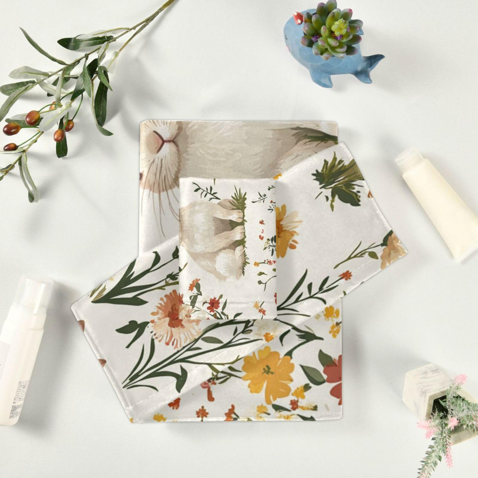 Set di 3 asciugamani per la pulizia del viso con conigli e fiori, 1 asciugamano da bagno, 1 asciugamano per le mani, 1 panno per il corpo e il viso da bagno