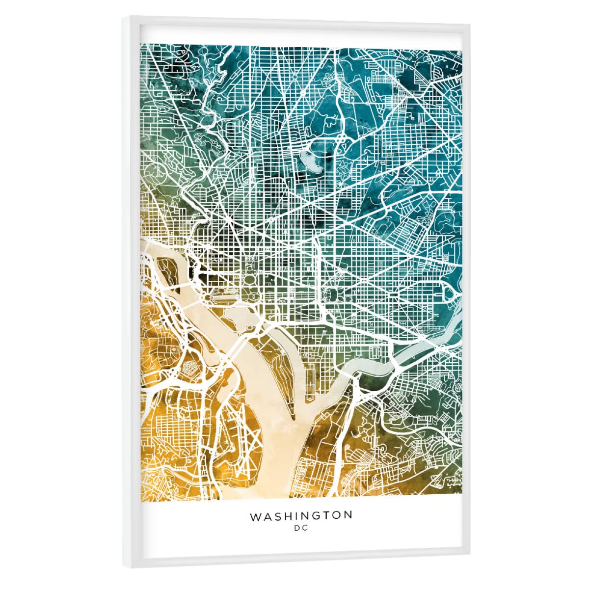 artboxONE Poster mit weißem Rahmen 90x60 cm Städte Washington Skyline Blaugrün - Bild Washington dc Karte