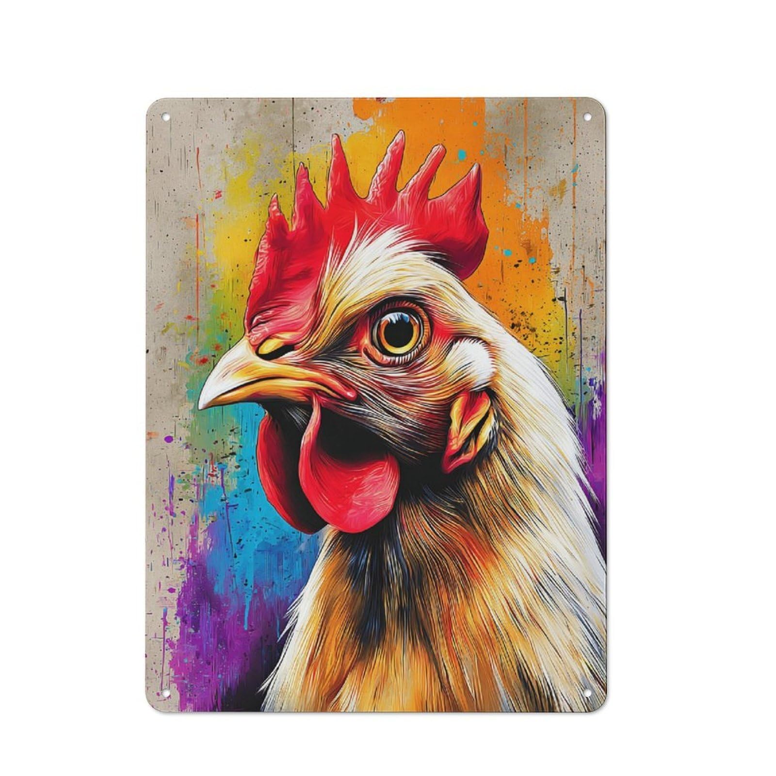 Junmoney Colorful Rooster Portrait Simple Retro Metal Wall Plaque 40X30cm, Creative Space Decor For Office, Study, Studio Or Hallway