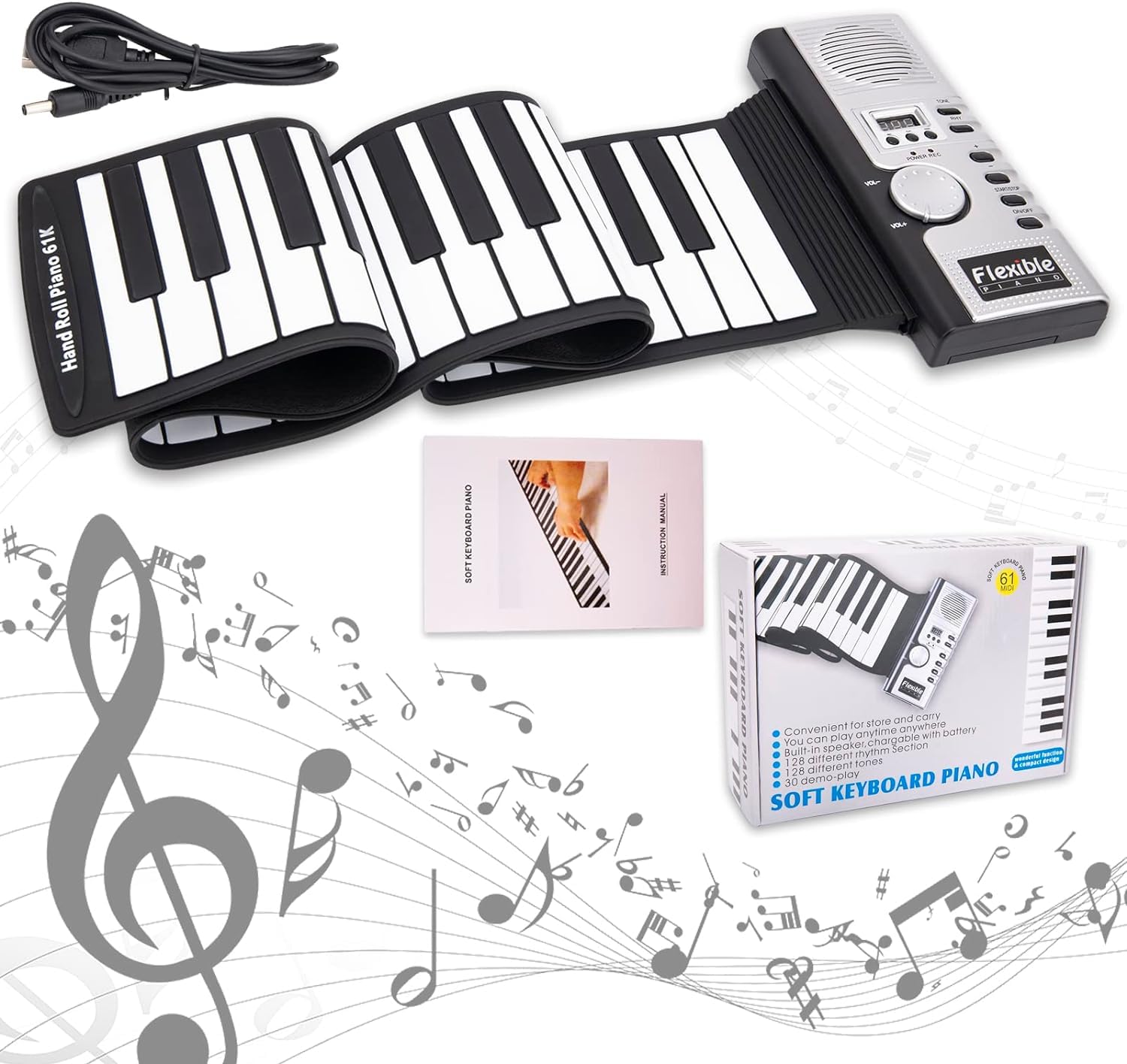 Azonee 61 Key Roll Up Piano, Upgraded Portable Rechargeable Hand Roll Piano with Silicon Flexible Keyboard, MIDI Output, Headphone Connection, 128 Rhythms, for Kids, Beginners Travel Keyboard Piano