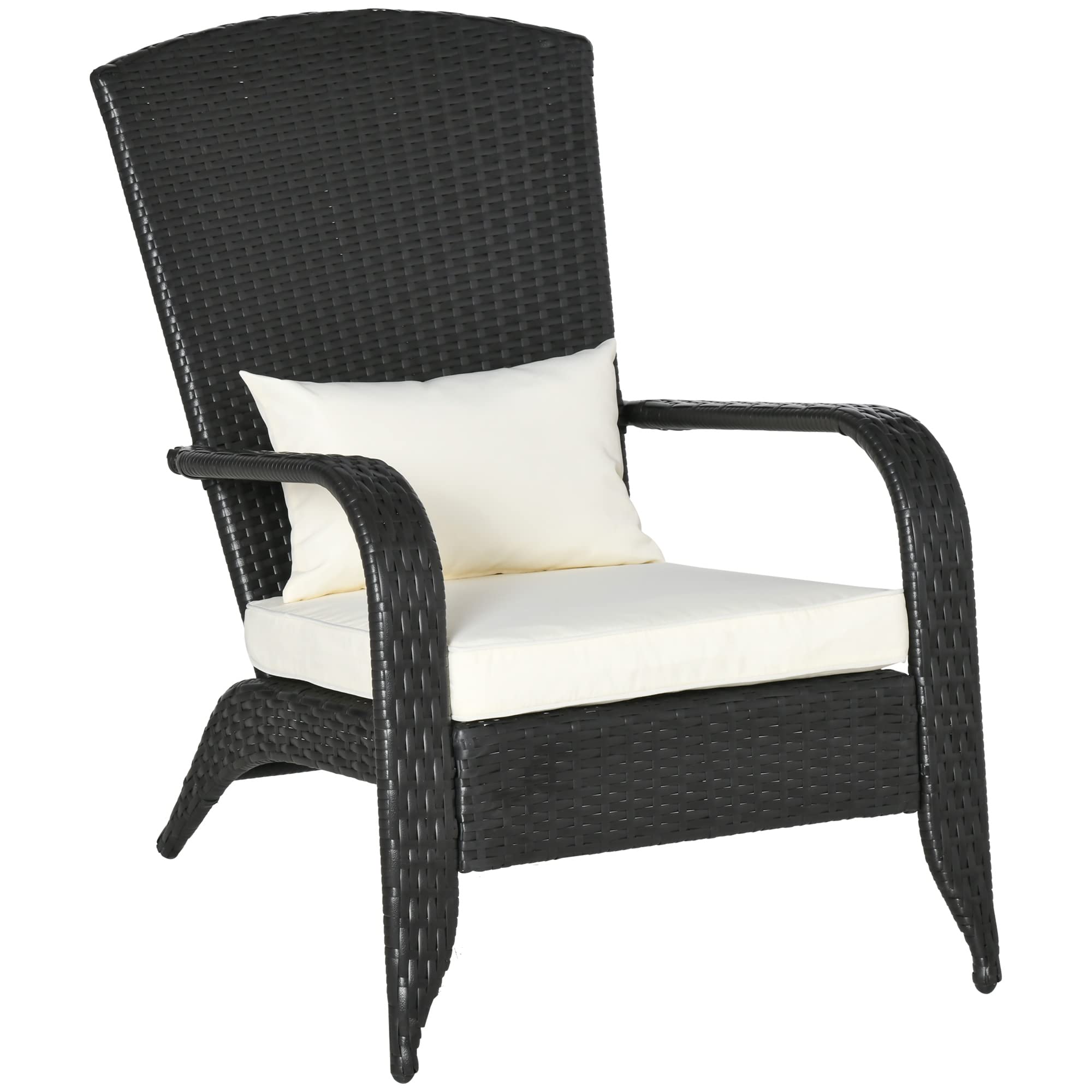 Outsunny Patio Wicker Adirondack Chair, Outdoor All-Weather Rattan Fire Pit Chair with Soft Cushions, Tall Curved Backrest and Comfortable Armrests for Deck or Garden, Deep Brown/Cream White