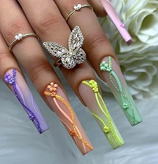 FRUJCDKI Real Gel Handmade Matte Color Line Gradient Press On Nails Gems Coffin Fake Nails With Designs Glossy False Nails for Women and Girls (Matte Color-L)
