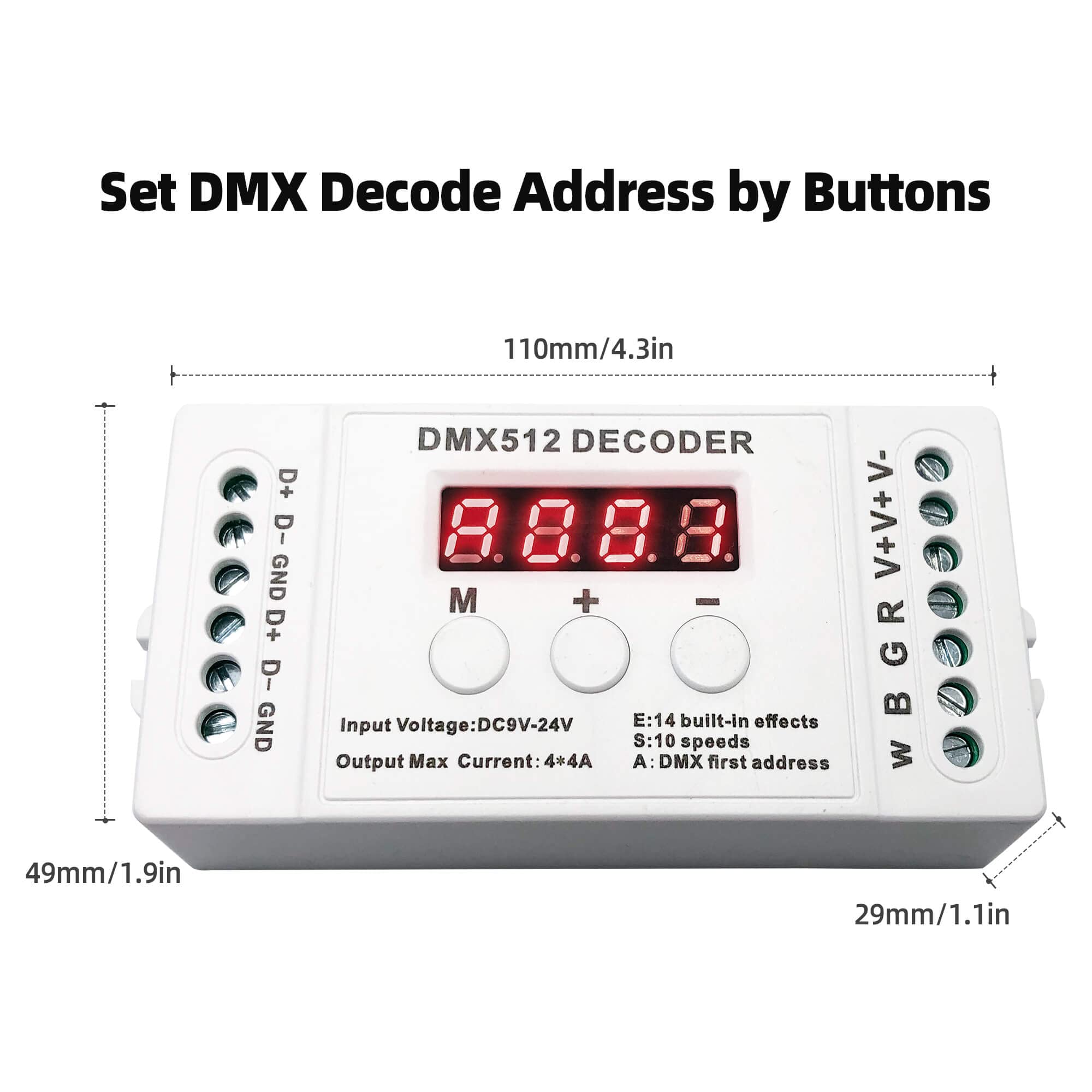 GIDEALED 4 Kanal DMX Decoder,RGBW DMX512 Decoder mit Digitalanzeige,Mini DMX512 Dimmertreiber PWM 16A LED Controller für RGB RGBW LED Streifen DC9-24V