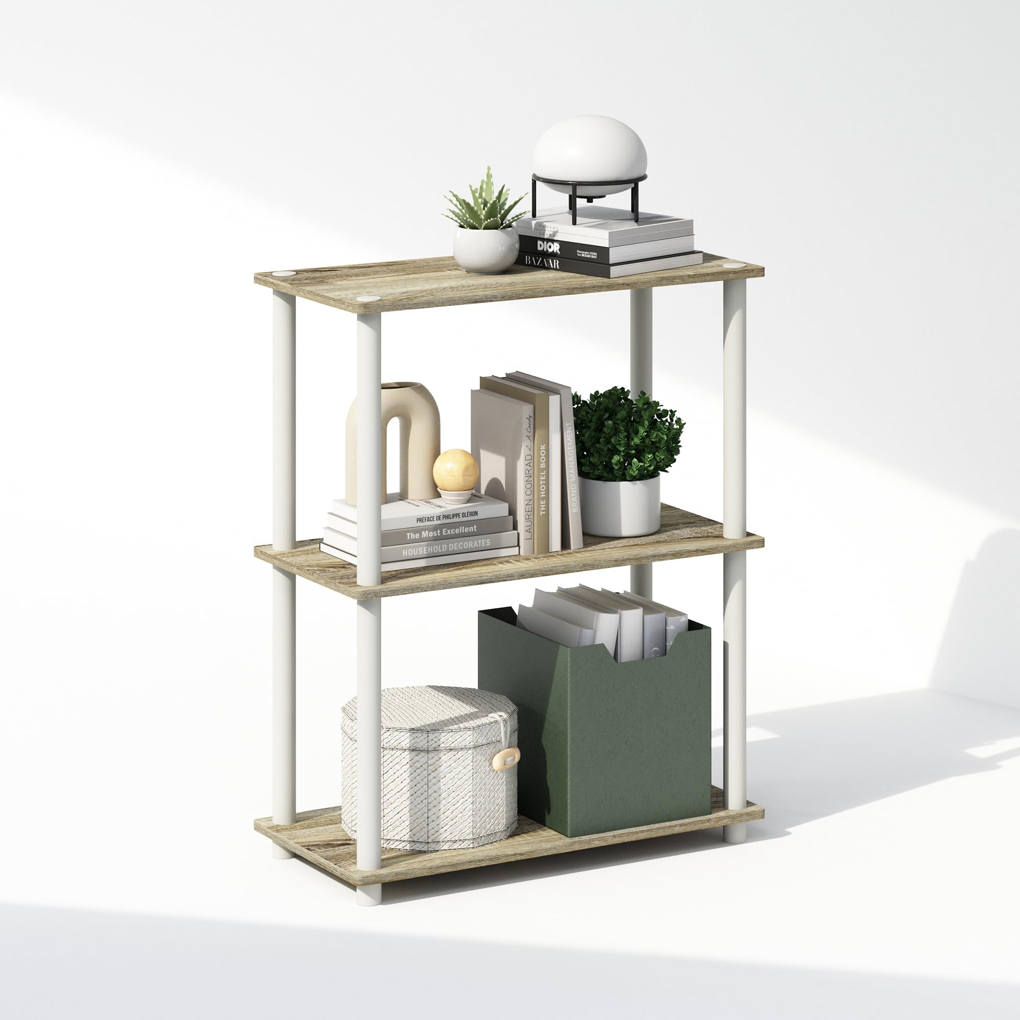 Furinno TURN-N-TUBE Book Shelf, 3-Tier Bookshelf, Bookcase with Multipurpose Compact Display Rack, 11.6 x 23.6 x 29.6, for Living Room, Bedroom, Home Office, Sonoma Oak/White