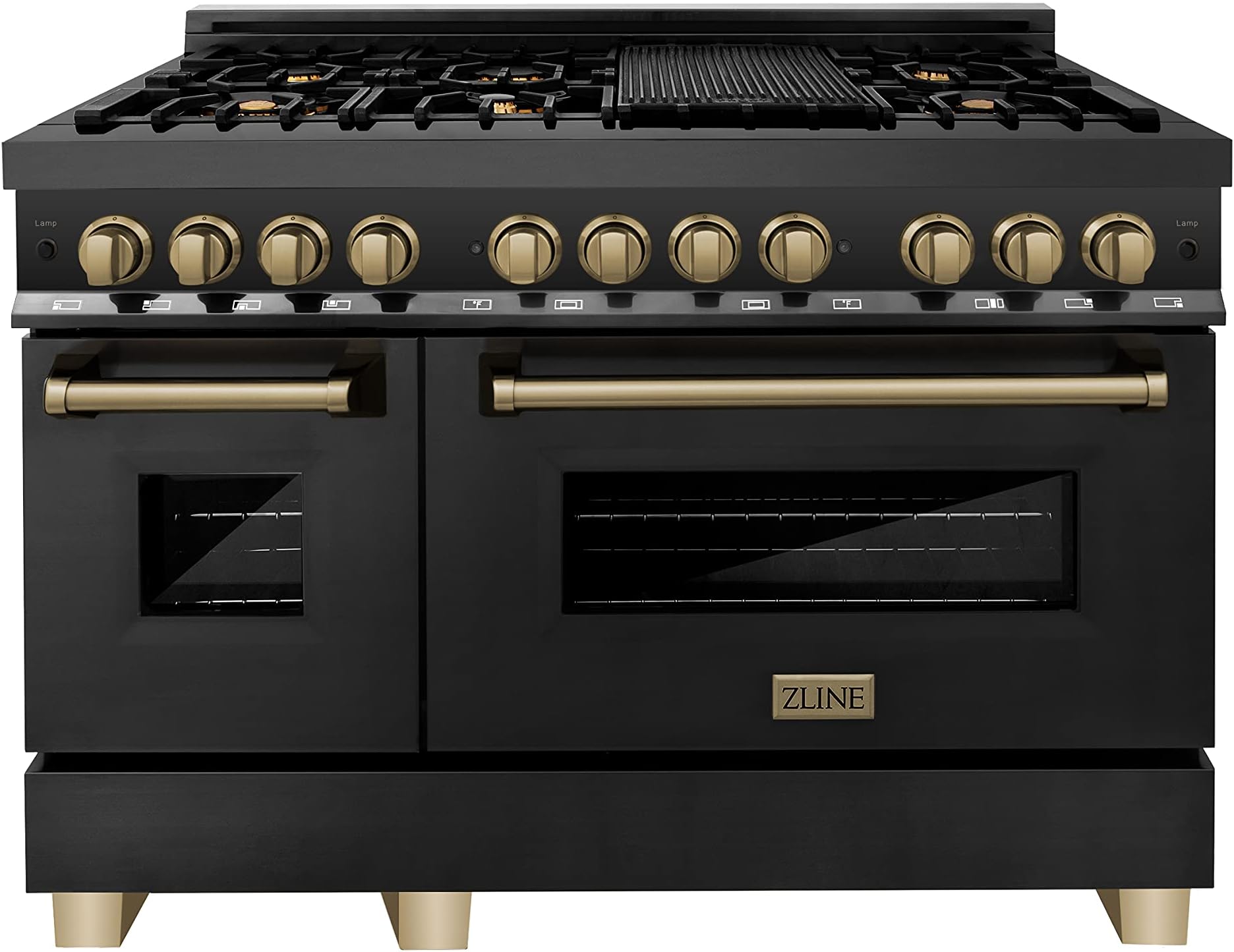 ZLINE Autograph Edition 48 in. 6.0 cu. ft. Legacy Dual Fuel Range with 7 Burner Gas Cooktop and 2 Electric Ovens in Black Stainless Steel and Champagne Bronze Accents (RABZ-48-CB)