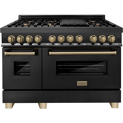 ZLINE Autograph Edition 48 in. 6.0 cu. ft. Legacy Dual Fuel Range with 7 Burner Gas Cooktop and 2 Electric Ovens in Black Stainless Steel and Champagne Bronze Accents (RABZ-48-CB)