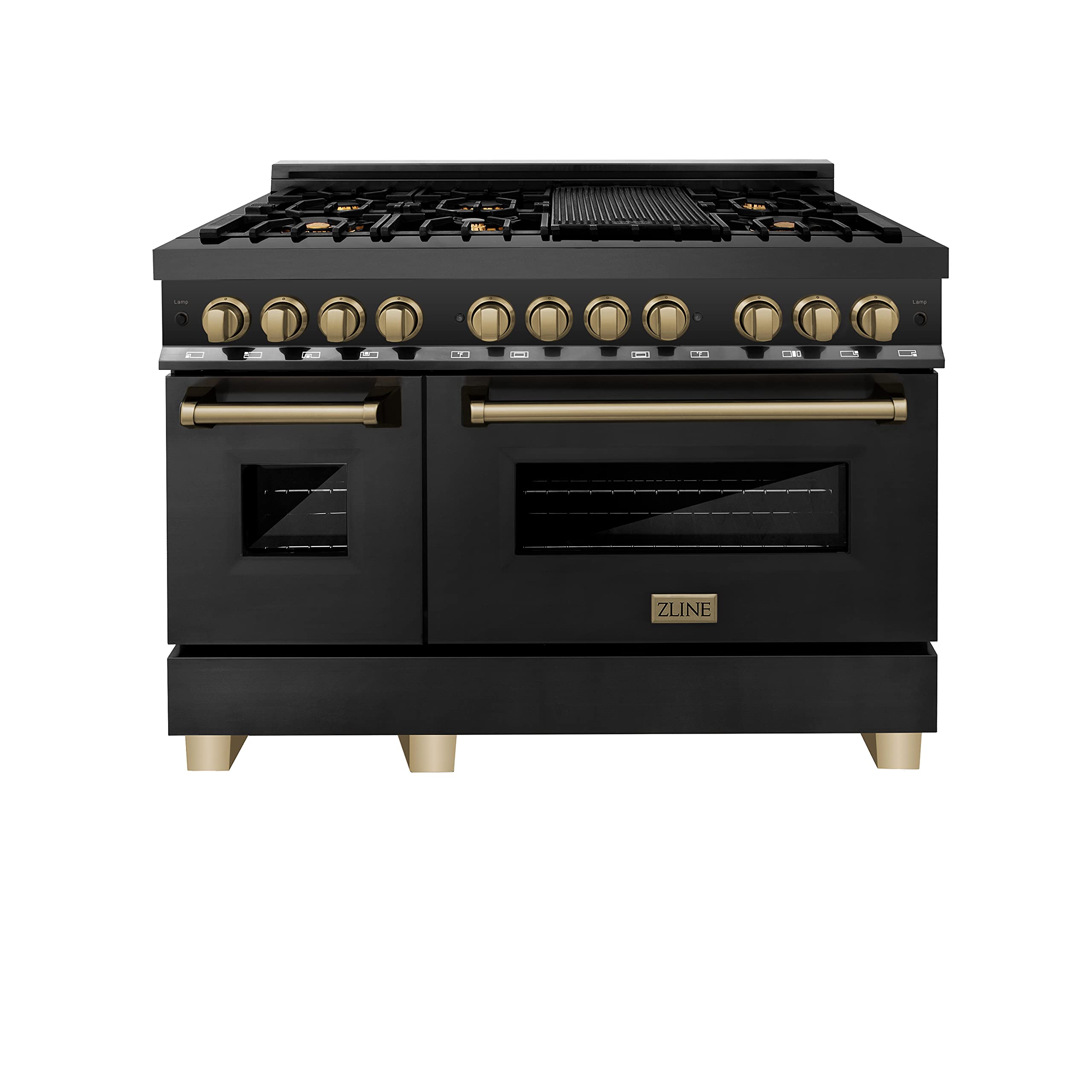 ZLINE Autograph Edition 48 in. 6.0 cu. ft. Legacy Dual Fuel Range with 7 Burner Gas Cooktop and 2 Electric Ovens in Black Stainless Steel and Champagne Bronze Accents (RABZ-48-CB)