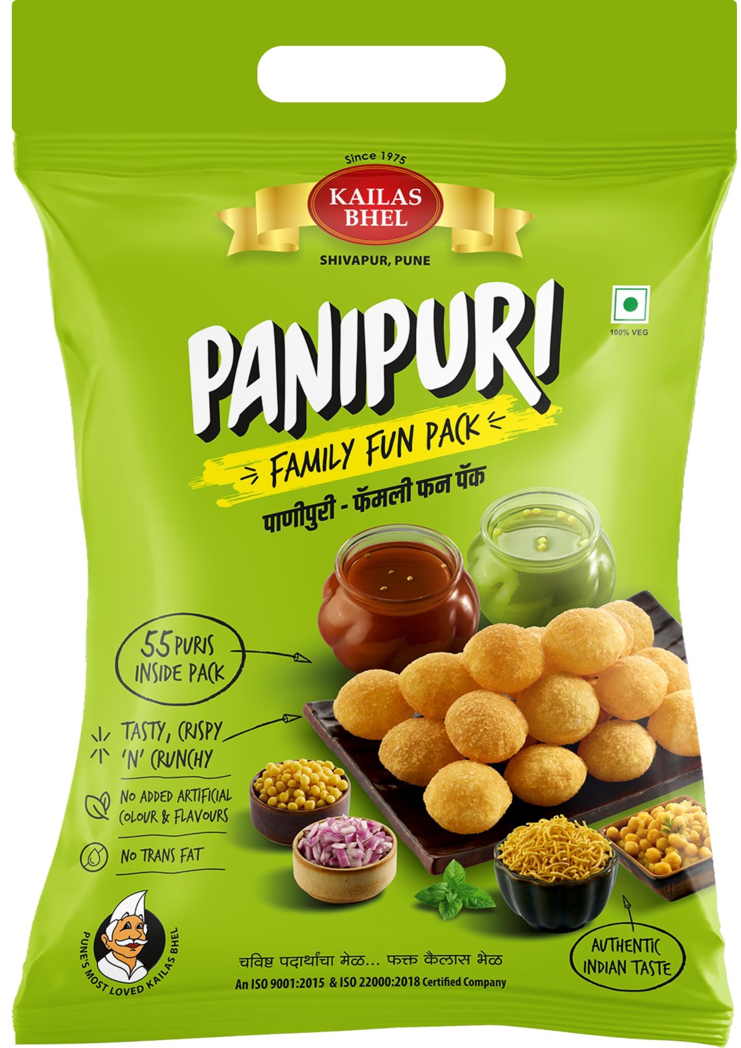 Kailas Bhel® Panipuri Family Fun Pack, 55 Puri, Vegetarian, Suji and Multigrain Atta, Pouch, Pack of 1, 100 Grams-image-1