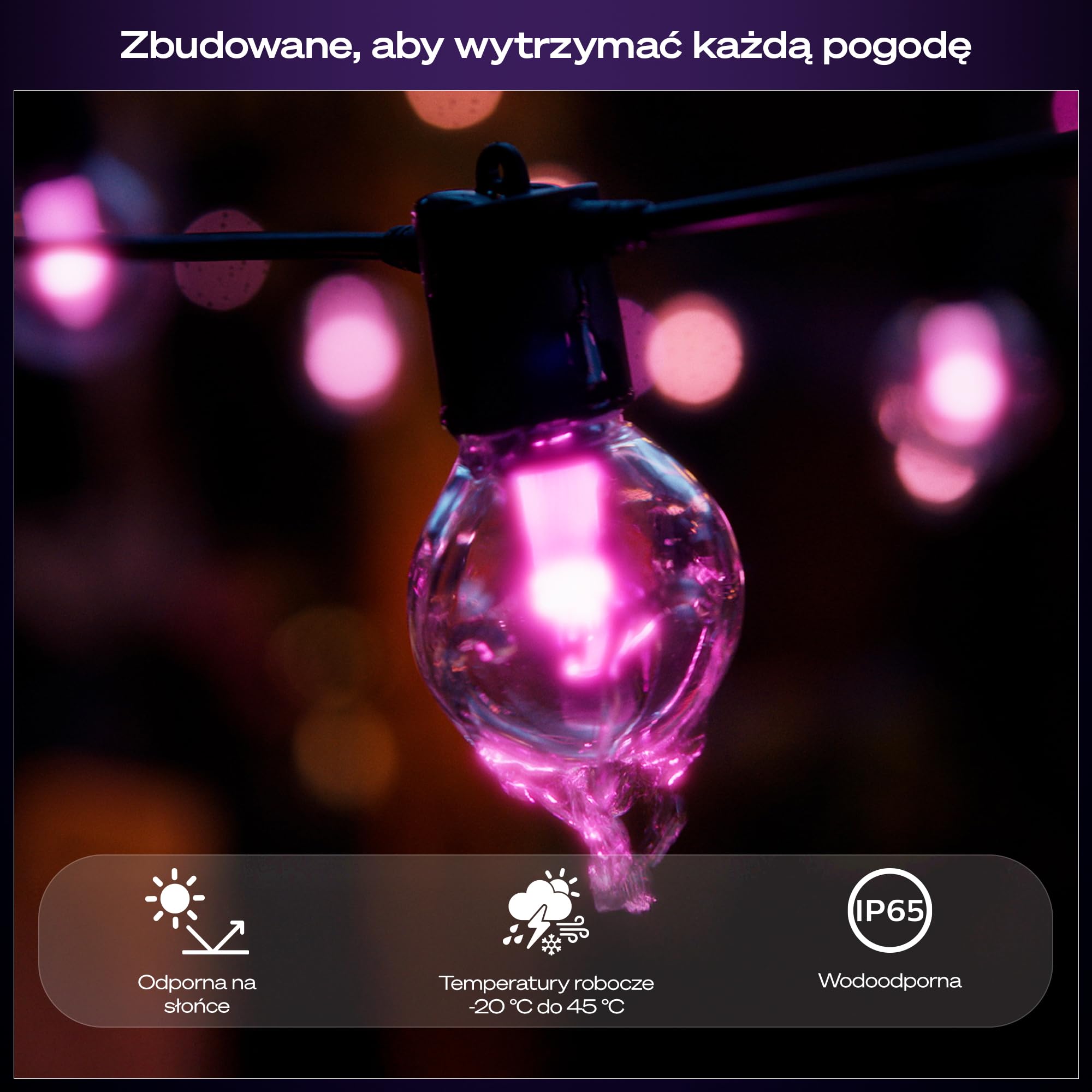 Lampki sznurkowe Philips Hue Festavia Globe na zewnątrz, białe i kolorowe, 14 m, 20 żarówek, ściemniane, sterowane aplikacją Hue, współpracujące z Alexa, Google Asystentem i Apple Home.