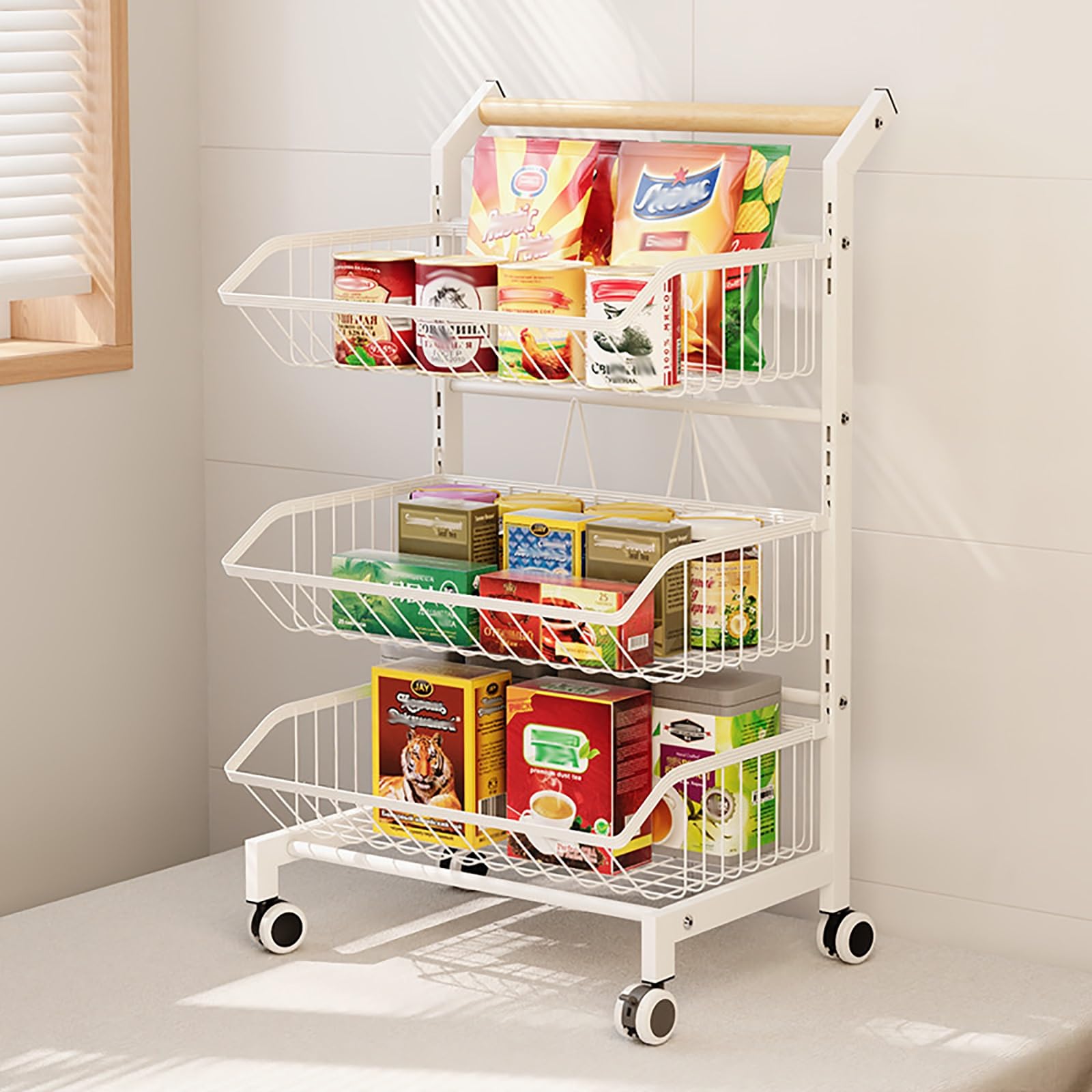 METTEOR Snack Storage Rack,Rolling Utility Carts with Wheels, Snack Cart Fruit Vegetable Basket Cart for Kitchen Bathroom Living Room, 3 4 5 Tier Snack Shelf (White 3 Tier)