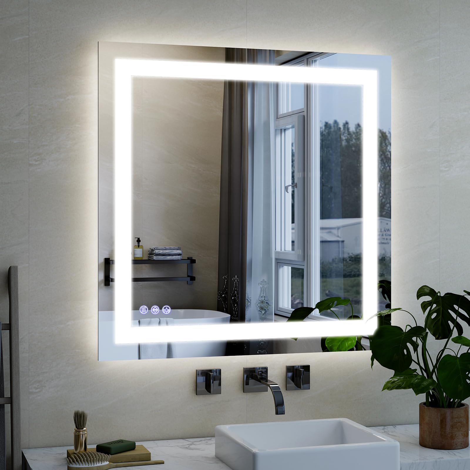 Miroir de salle de bain LED carré 76cm anti-buée en verre trempé