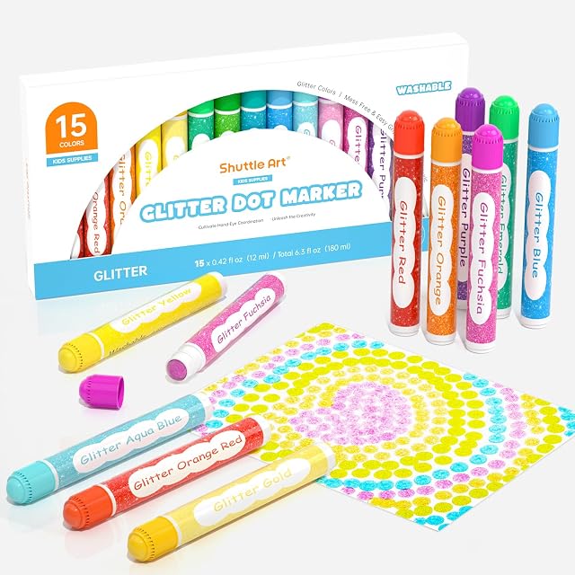 Shuttle Art Marcador de Puntos Lavable, 15 Colores de Purpurina Rotuladores Lavables No Tóxico a Base de Agua