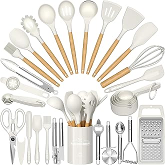 Umite Chef Silicone Kitchen Utensil Set, 34PCS Heat Resistant Kitchen Gadgets and Tools With Grater, Cream White Wood Handles for Nonstick Cookware