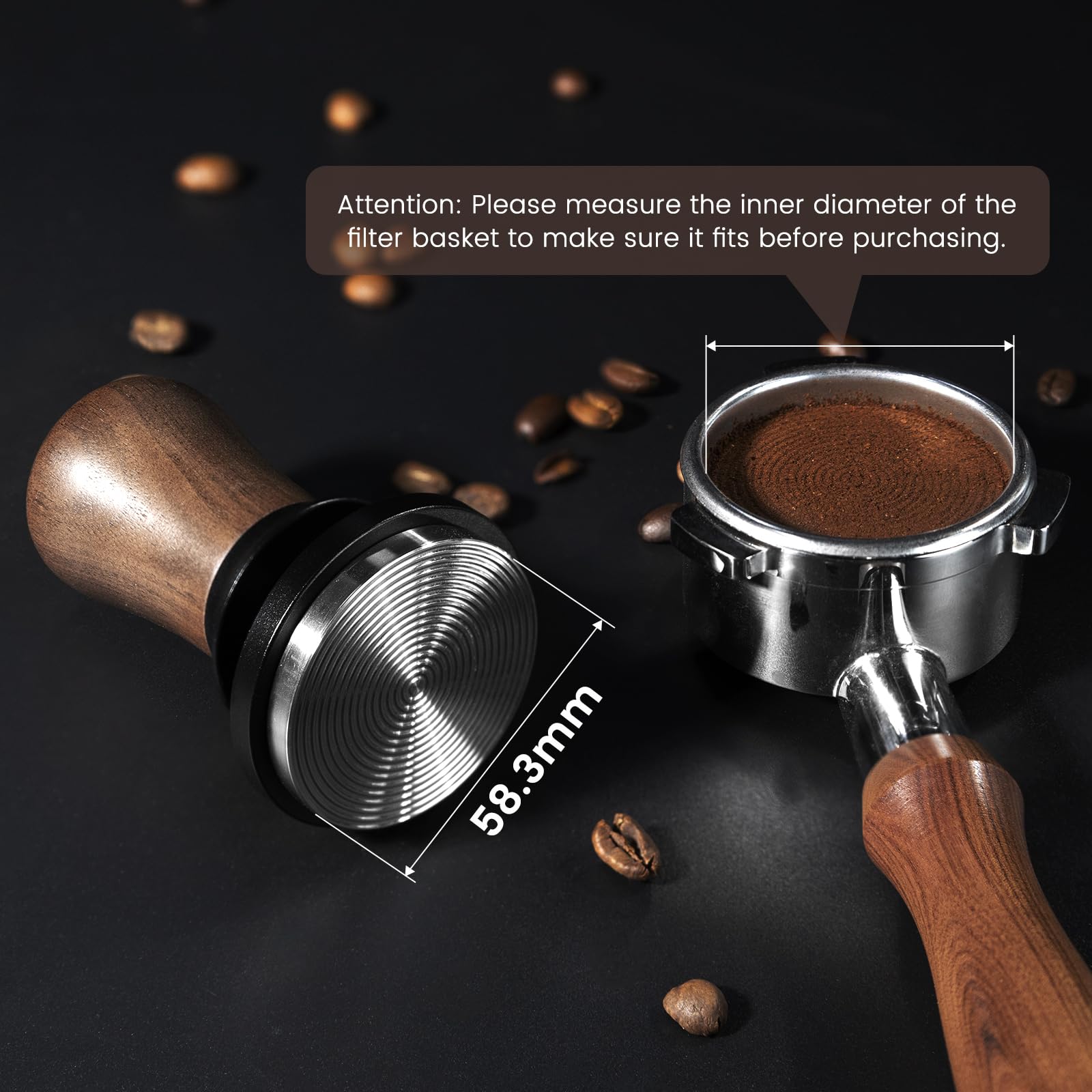 NOTSEK Tamper 58 mm, 30 lbs regulador de presión para café expreso, autonivelante, madera de nogal, calibrado, pluma de café con base de acero inoxidable para portafiltros de 58 mm