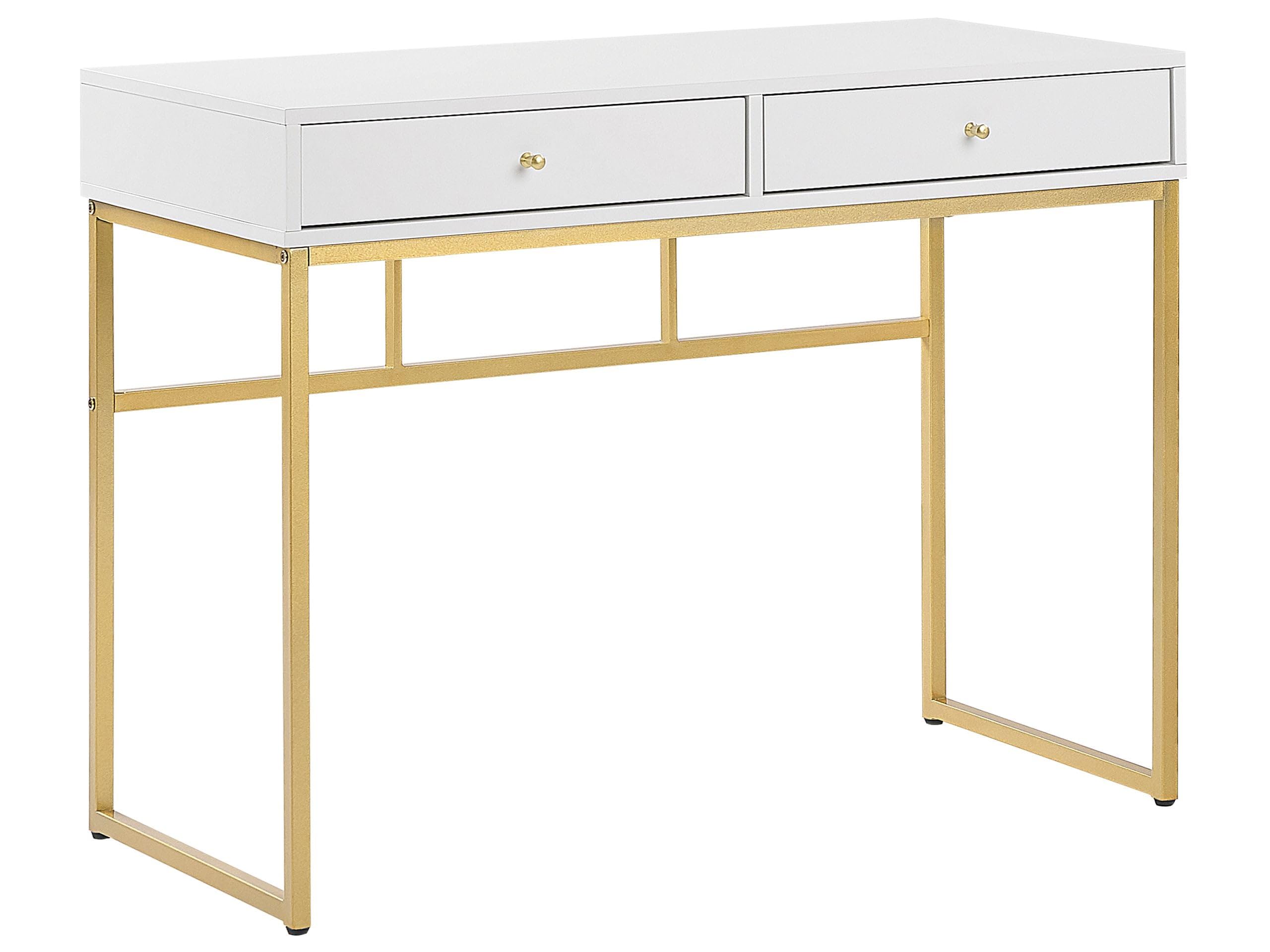Beliani Console Bureau à Domicile Glamour à 2 Tiroirs à Base en Métal Doré et Plateau Blanc Daphne