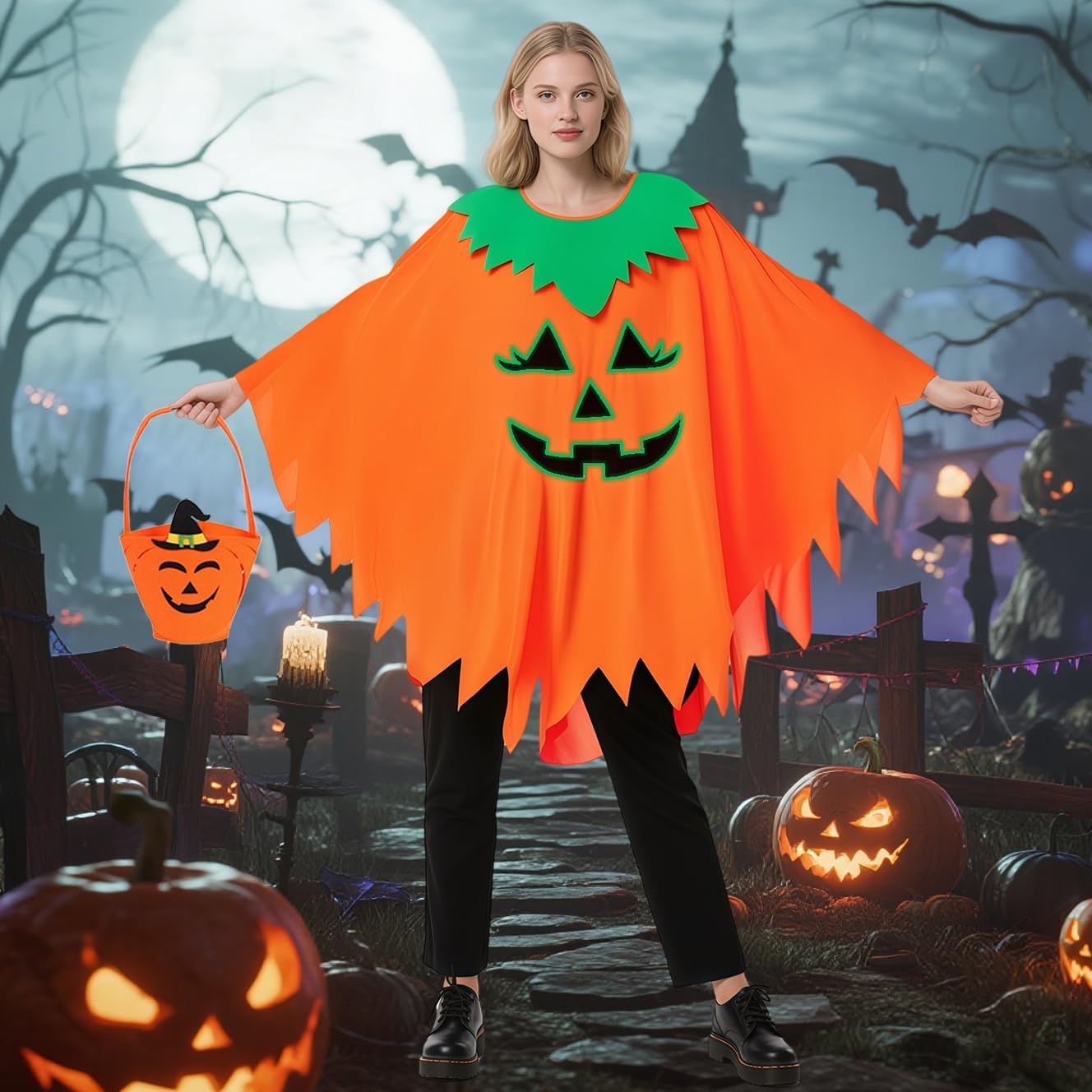 IBQ 4Pcs Pumpkin Costume for Women Pumpkin Poncho with Headband Bag for Halloween Dress Up BQ059 - Image 3