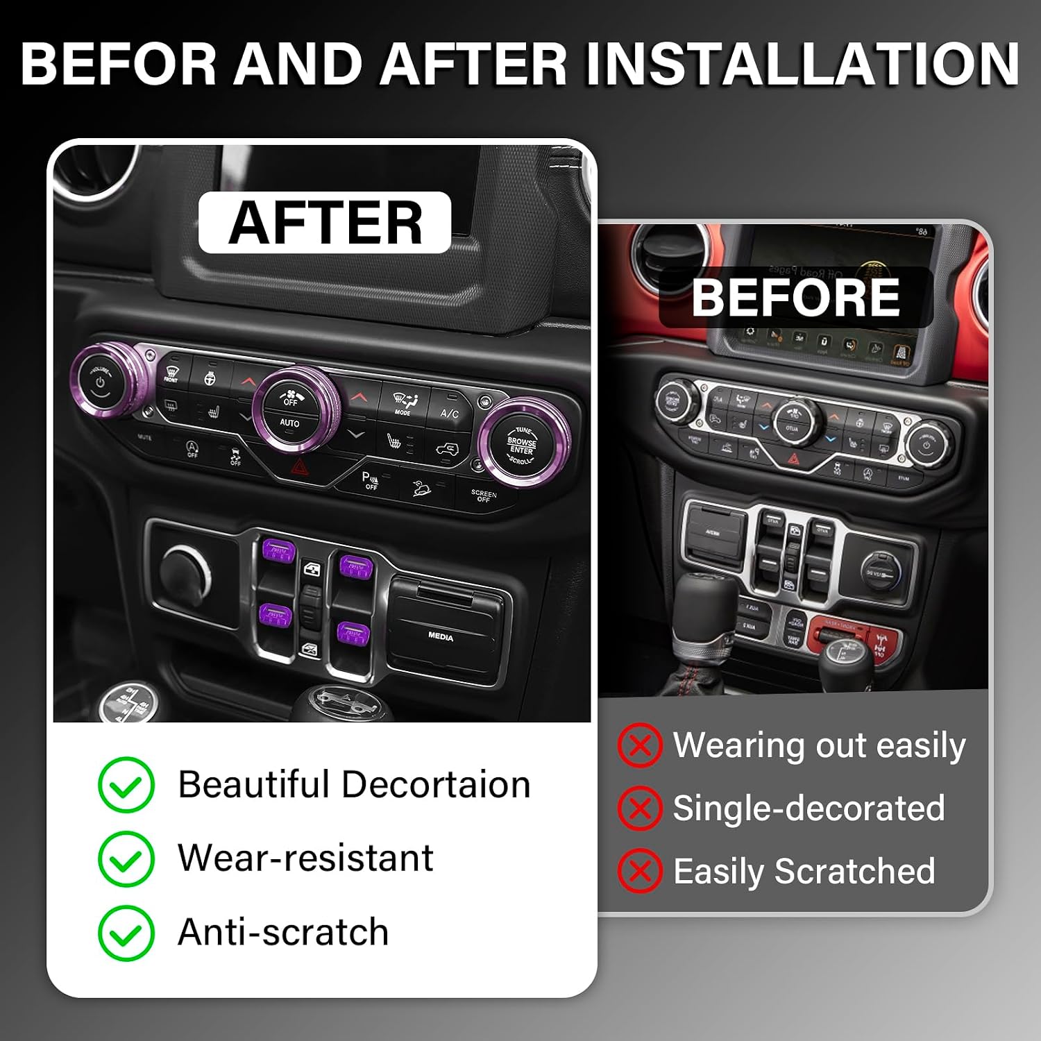 8Pcs Button Knob Cover for Jeep Wrangler JL JLU 2018-2025 2026 & Gladiator JT 2020-2026 Accessories, JL Window Switch Button Cover Volume Radio Air Conditioner Headlight Switch Knob Cover (Purple)