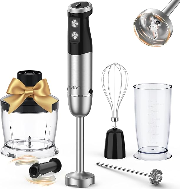 KOIOS 1000W Immersion Hand Blender, Upgrated Multifunctional 5-in-1 Handheld Blender, Full Copper Motor, 12-Speeds, Stainless Steel blender shaft, includes 600ml Mixing Beaker, 500ml Chopper, Whisk Attachment and Milk Frother