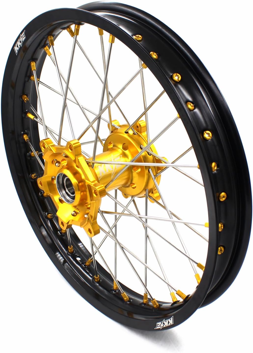 KKE 1.6 * 21" & 2.15 * 19" MX Dirt Bike Motorcycle Spoked Wheels Rim Set Compatible with SUZUKI RM125 1996-2007, RM250 1996-2008 Gold Nipple