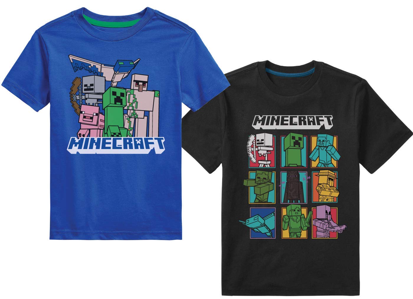 Minecraft Kids T-Shirt Pack of 2 | Skeleton & Creeper Villain Boom Tops for Boys & Girls | Multicoloured Short Sleeve Gaming Graphic Tee Bundle | Gamer Merchandise Gift for Children