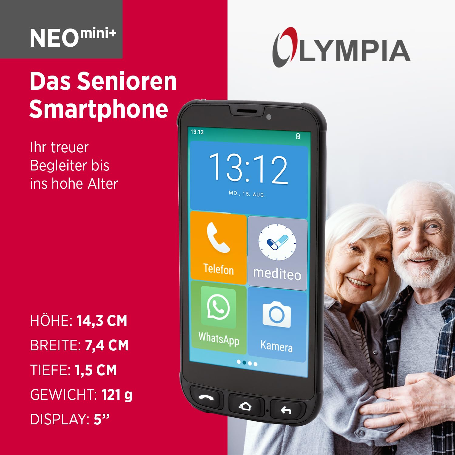 Olympia NEO Mini+ Seniorenhandy | 5" Senioren Smartphone mit Notruftaste & großen Icons | Extra einfache Bedienung | Übersichtliche Menüführung | Senioren mit Whatsapp | Android 15 | 4G LTE Dual SIM