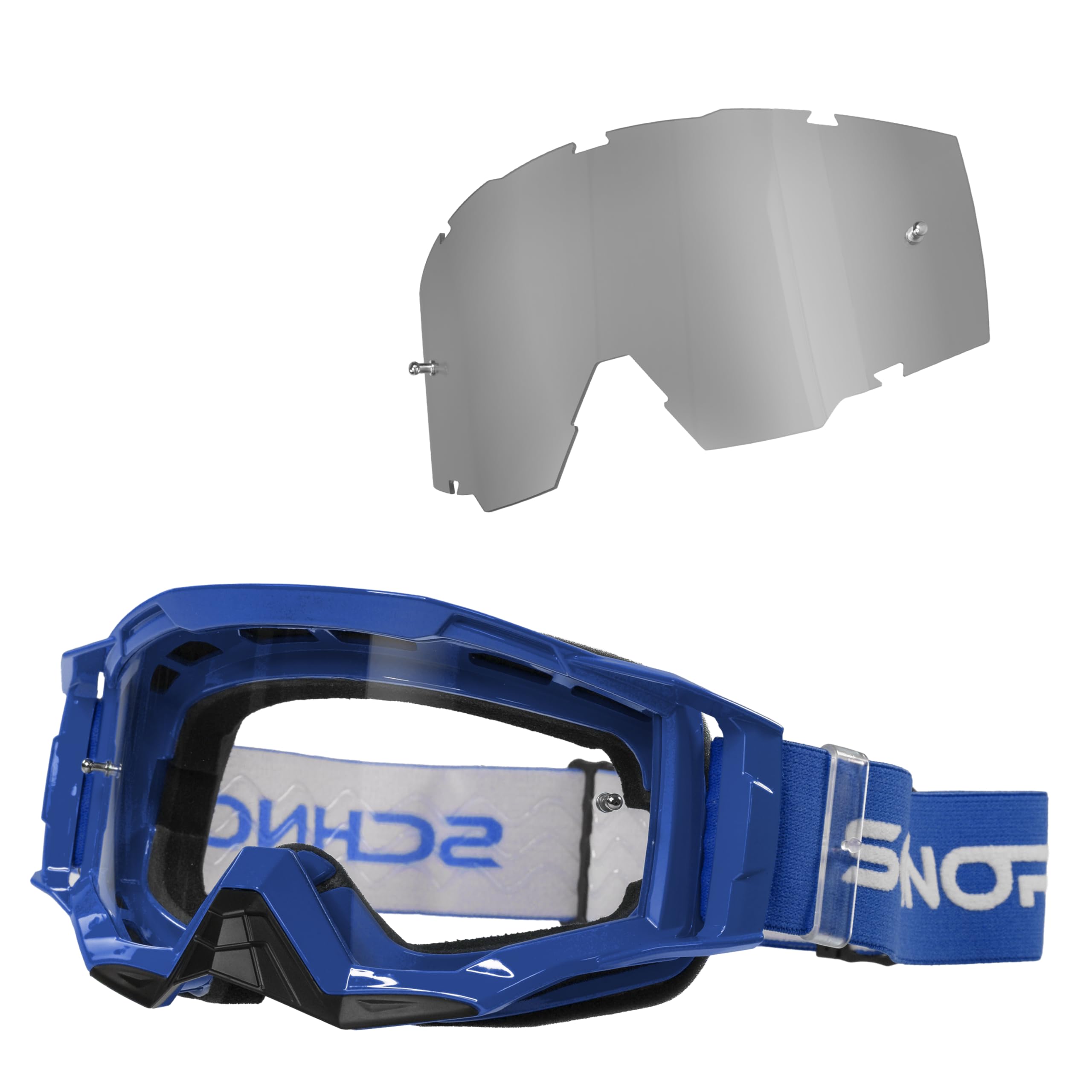 SCHNORR MX Neo Motocross Goggles Clear Lens Anti Fog Tear-Off + Vetro di ricambio Argento