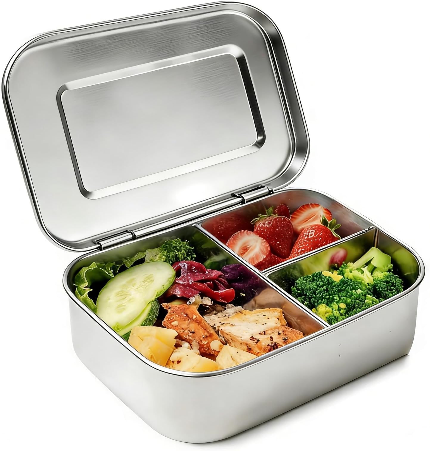 U-HOOME Stainless Steel Bento Box Lunch Container, 3 Compartments, Metal Bento Lunch Box for Sandwich and Double Sided, 1400ml Food Container for Kids and Adults, Eco Friendly, Dishwasher Safe