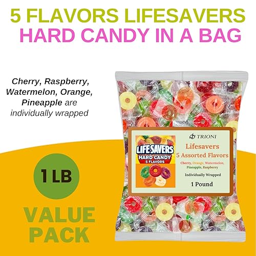 Miniatura 3 de Lifesavers envueltos individualmente, 1 libra de 5 sabores Life Savers variedad de caramelos duros, cereza, piña, frambuesa, sandía y naranja. Ideal