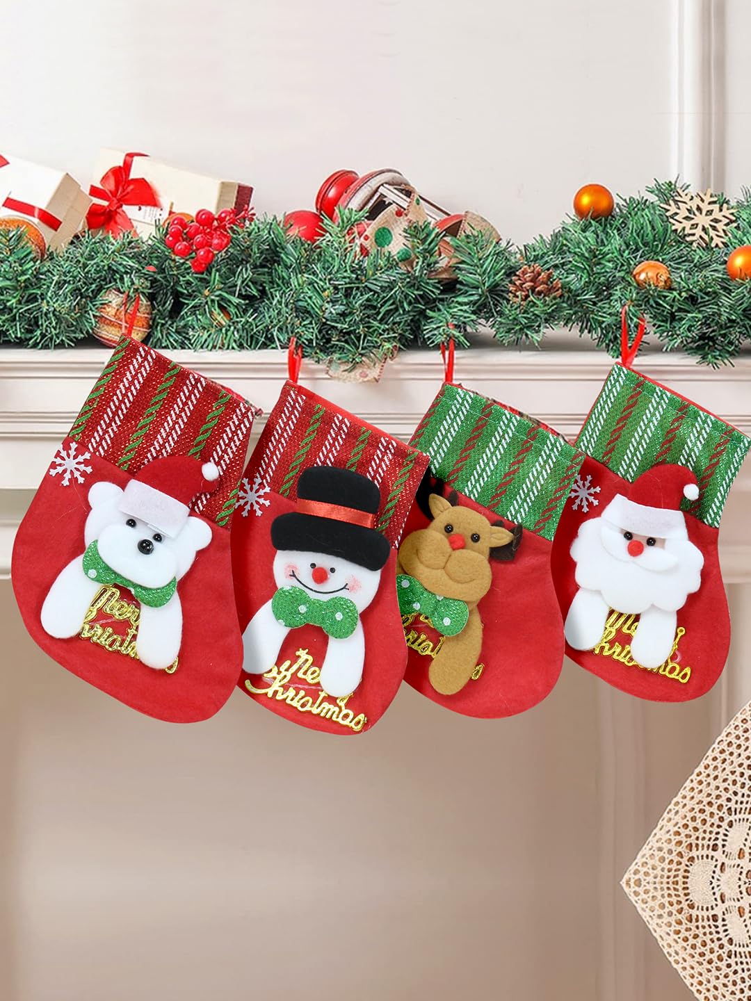 TIED RIBBONS Christmas Decorations Items Socks for Home Living Room - Christmas Stockings Wall Door Tree Hanging Ornament Props (Set of 4) - Xmas Gifts