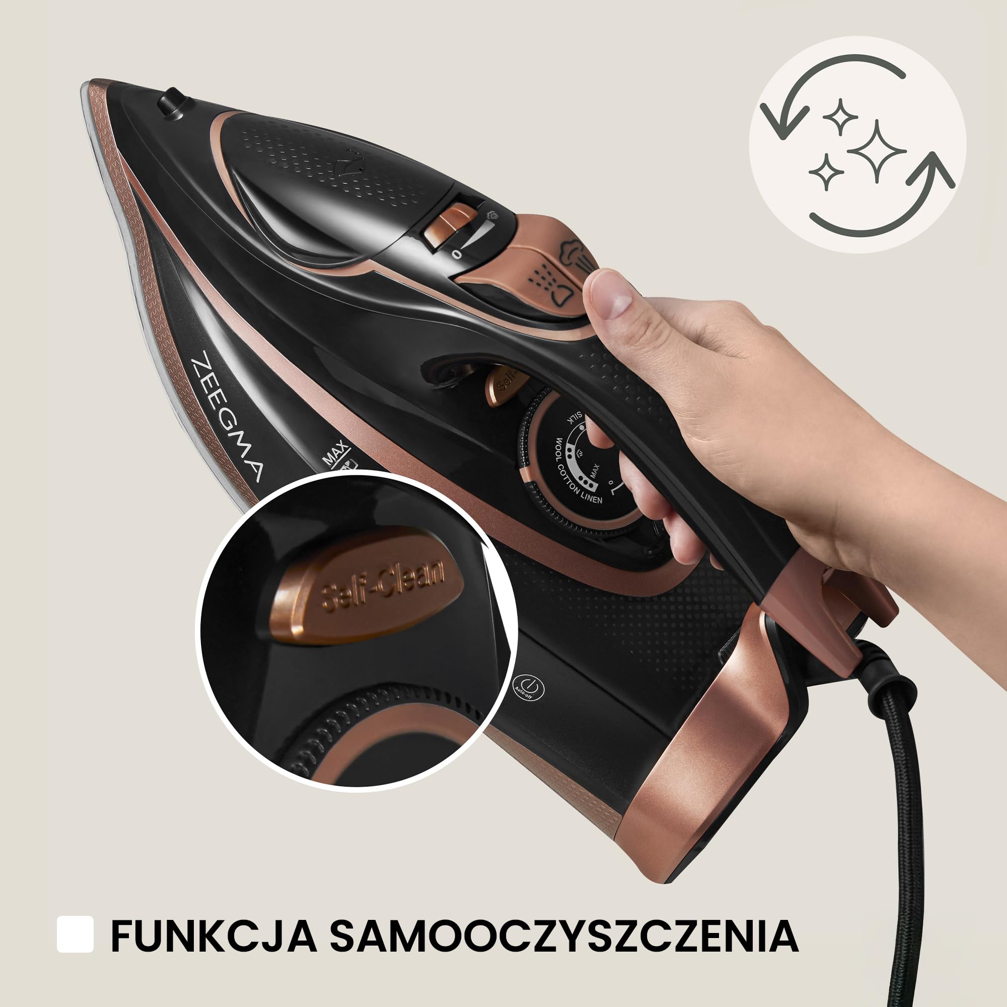 ZEEGMA IRONEE BASE Przewodowe Żelazko Parowe z Powłoką Ceramiczną 3100W, Prasowanie na Sucho i Parą 40g/min, Zbiornik 320 ml Funkcja Samoczyszczenia, Anti-Drip oraz Anti-Calc